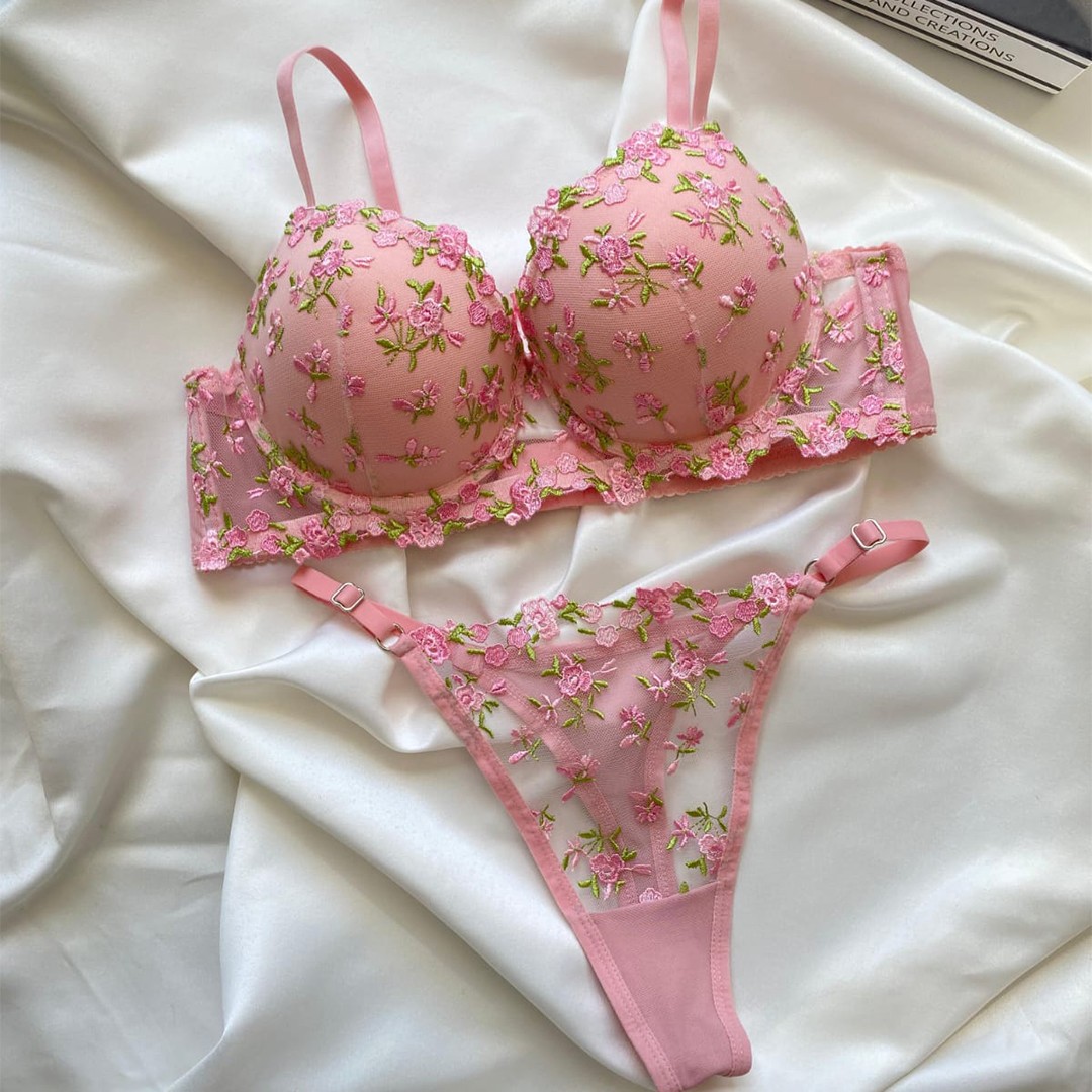 Soutien-gorge push-up et string brodé - Pastel Pink image