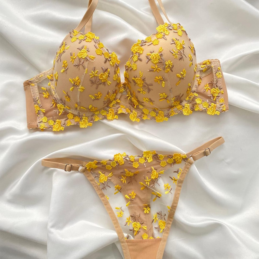 Soutien-gorge push-up et string brodé - Desert Sand / Maize image