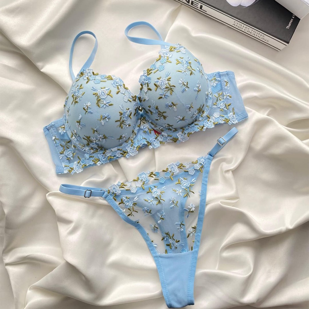 Soutien-gorge push-up et string brodé - Electric Blue image