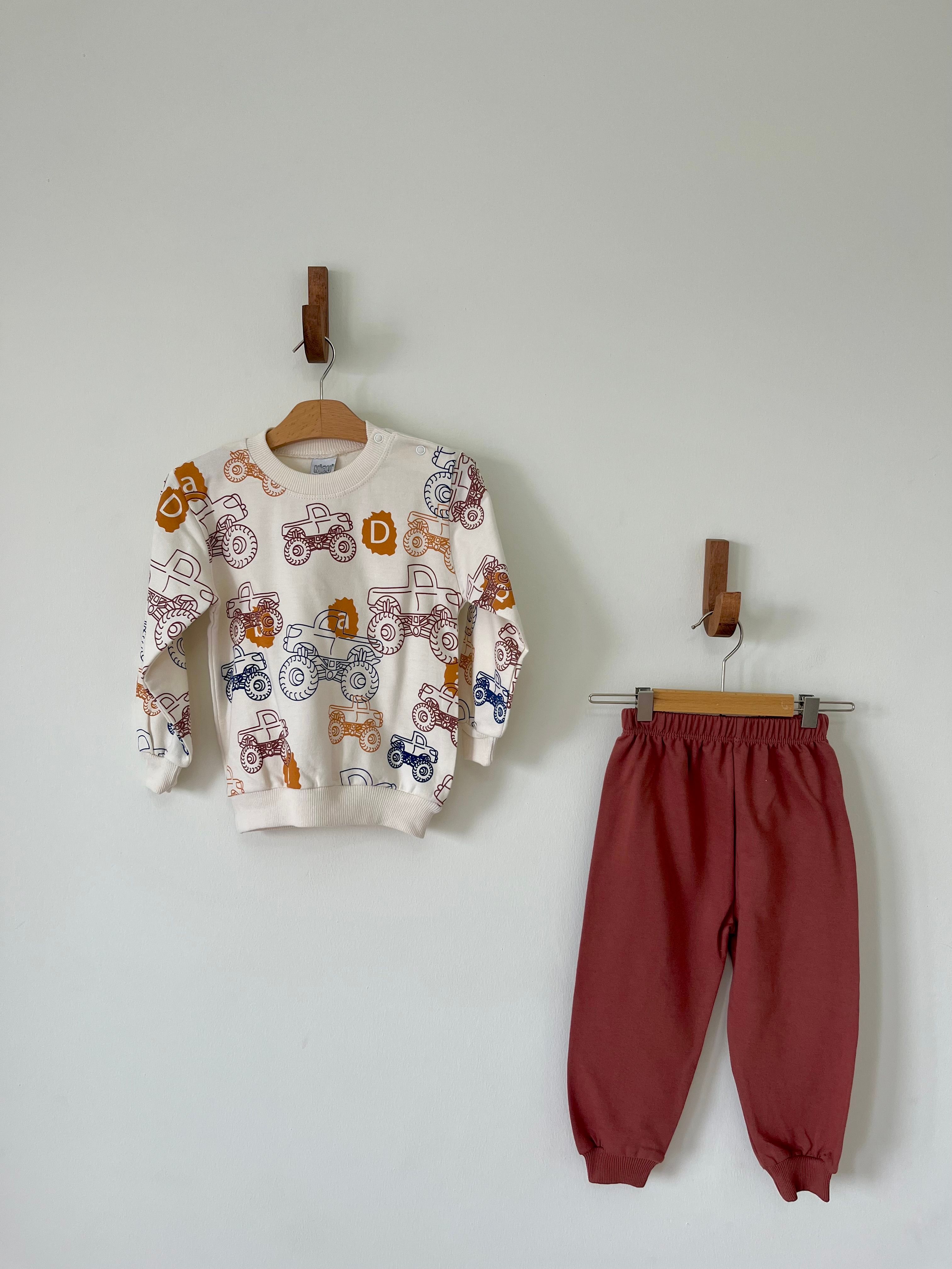 Bisiklet Yaka Uzun Kollu Baskılı Erkek Bebek Sweatshirt ve Eşofman Alt 2'li Takım