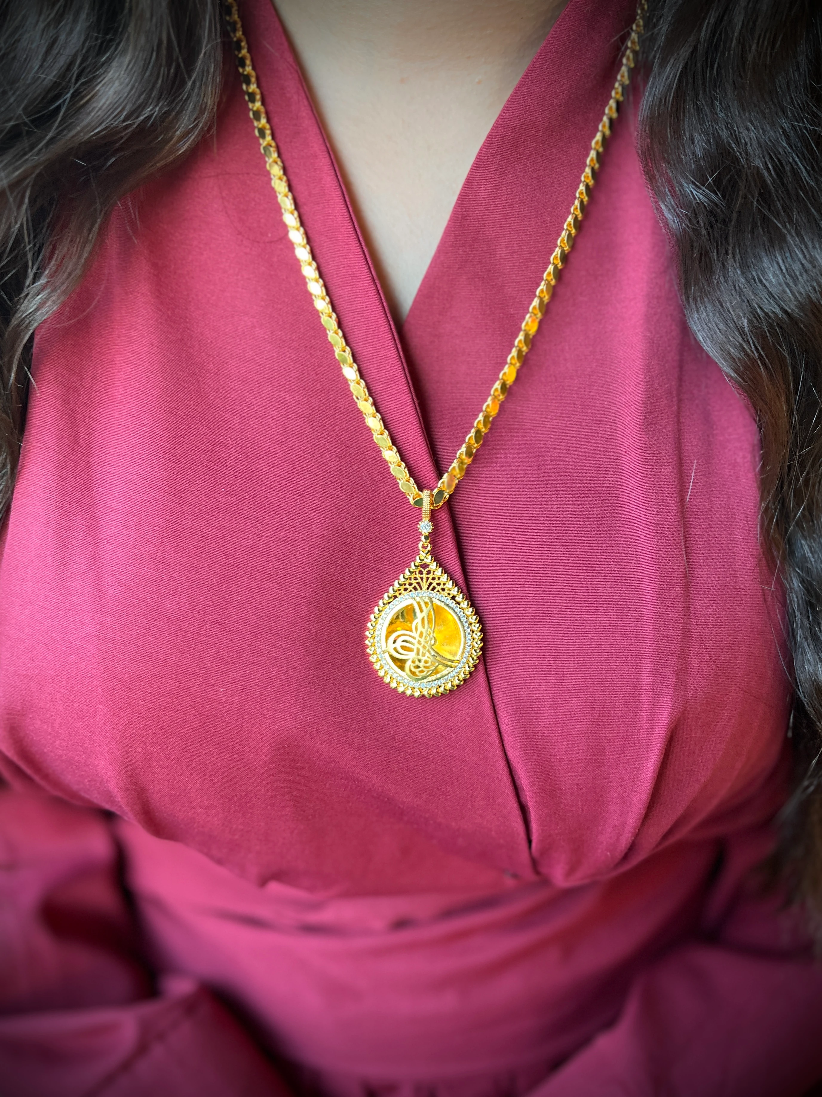  Arpa Zincir ve Sade Tuğralı Kolye Ucu 22 Ayar Altın Kaplama