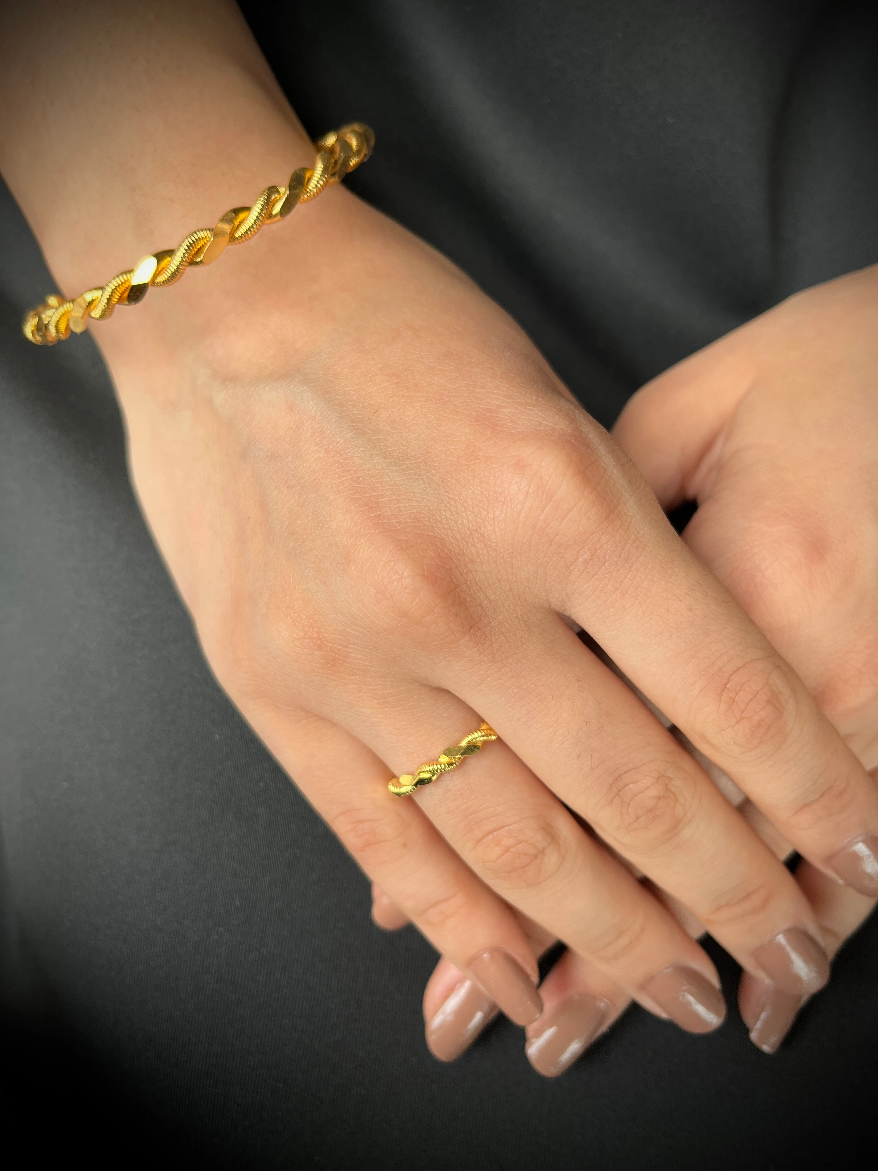 İkili Burma Kalın Bilezik ve Burma Yüzük Kombin 22 Ayar Altın Kaplama