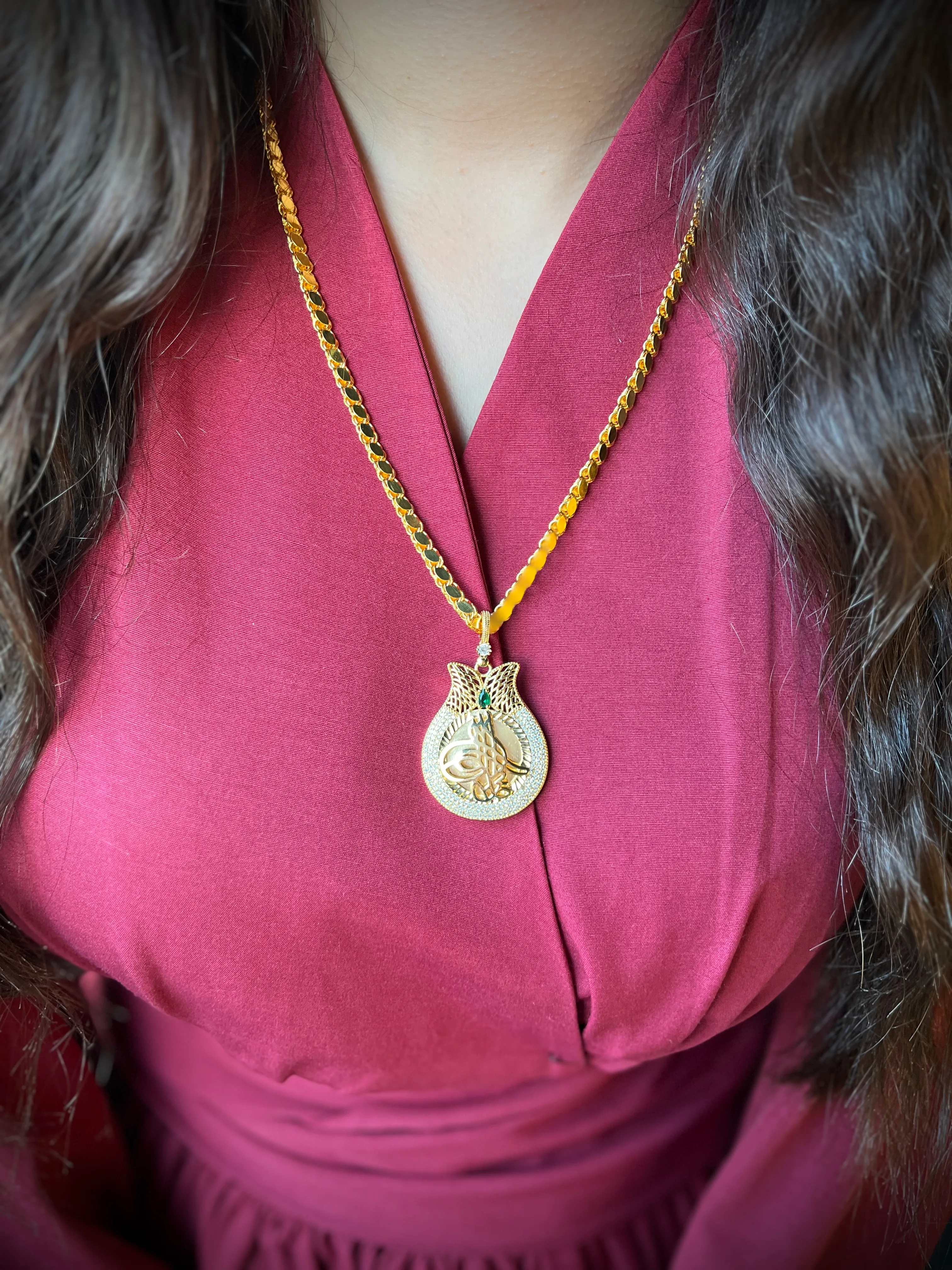 Arpa Zincir ve Lale Zirkon Taşlı Tuğralı Kolye Ucu 22 Ayar Altın Kaplama