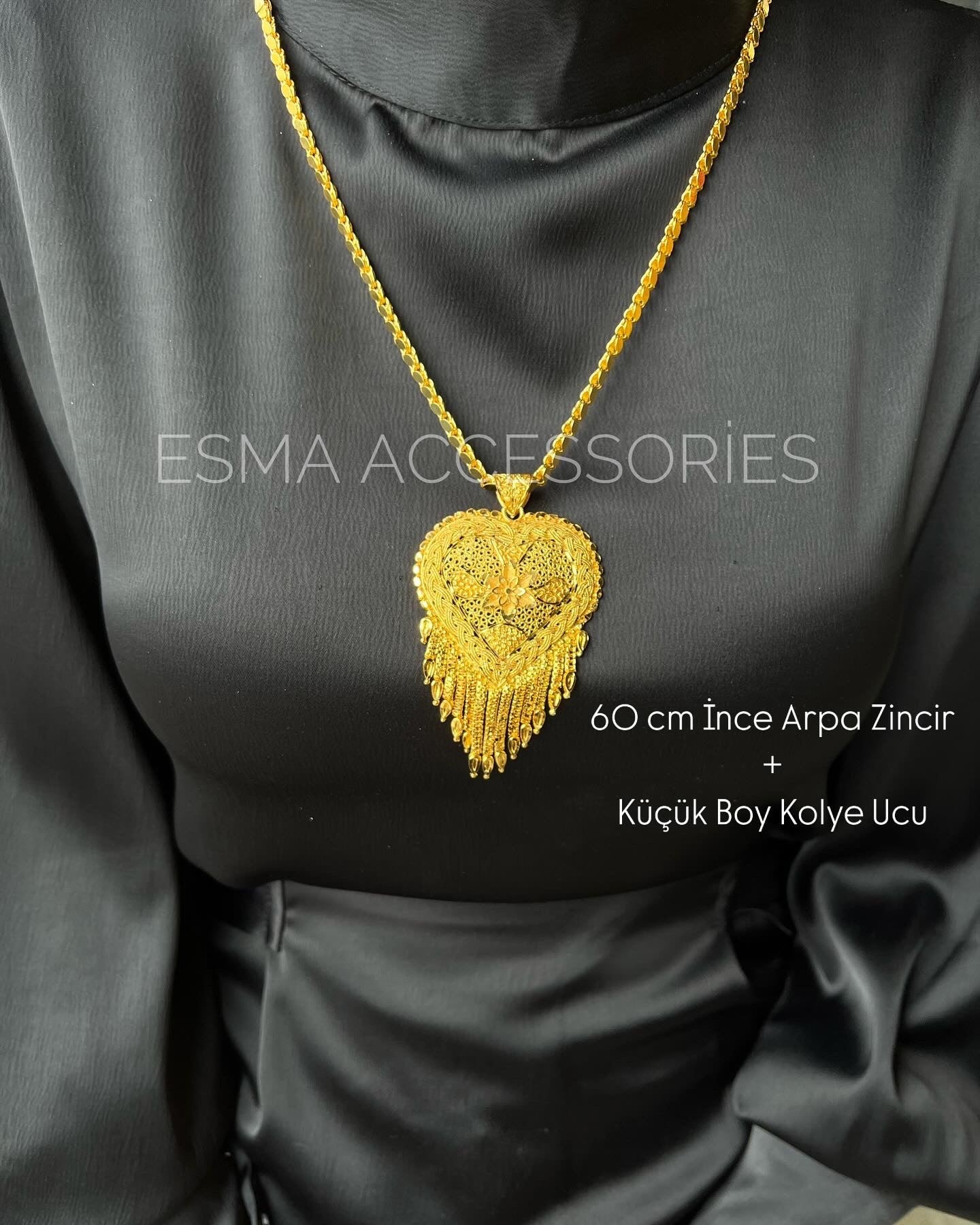 Arpa Zincir ve Küçük Boy Hint Kolye Ucu Kombin 22 Ayar Altın Kaplama (Model 3)
