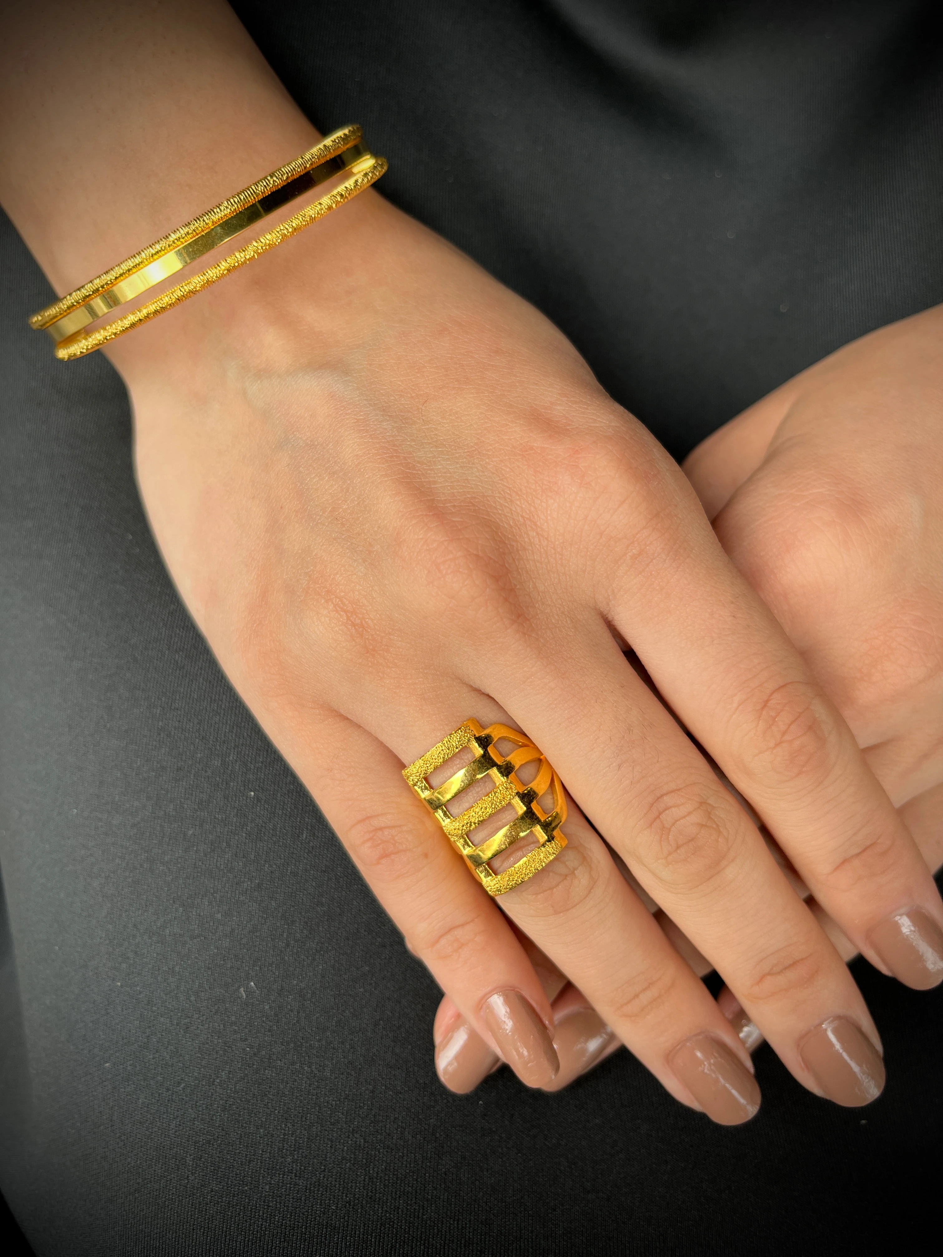 Simli Ajda-Kibrit Çöpü Bilezik ve Kaburga Yüzük 22 Ayar Altın Kaplama