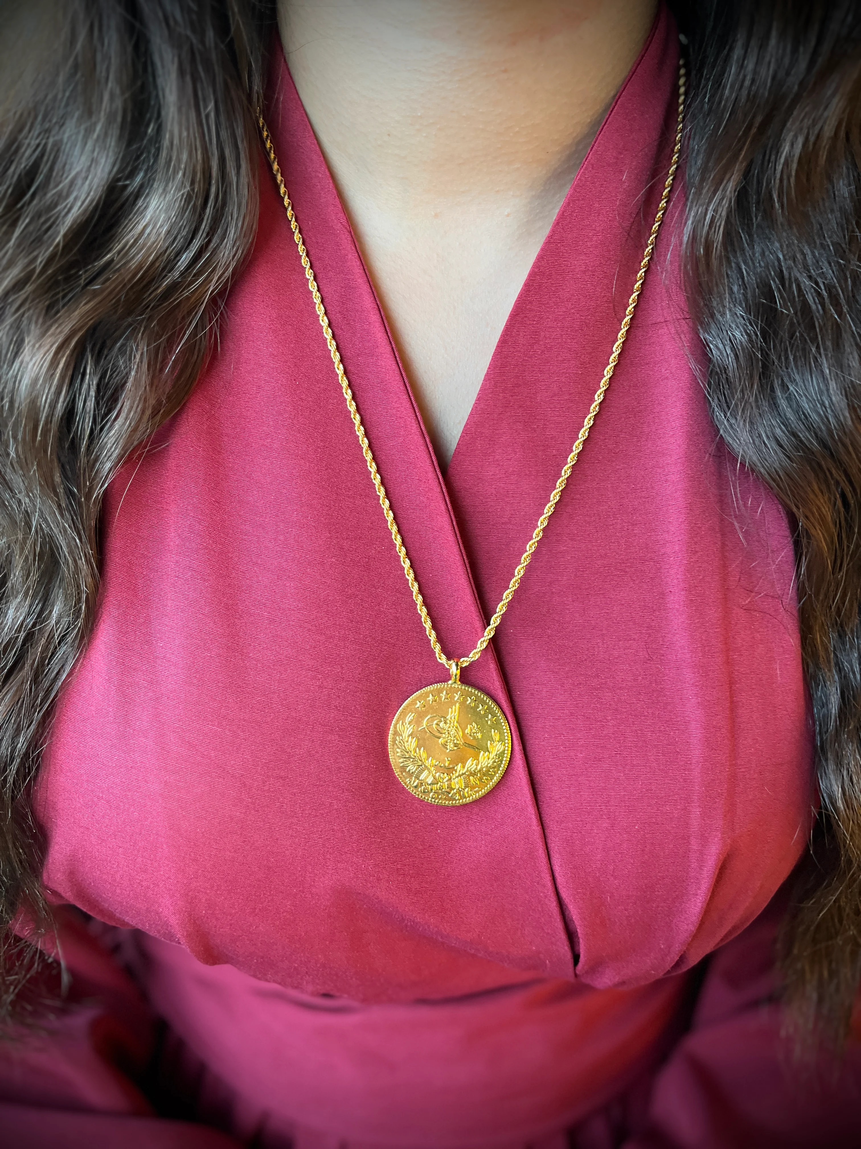 Burgu Zincir ve 5'li Reşat Kolye Ucu 22 Ayar Altın Kaplama