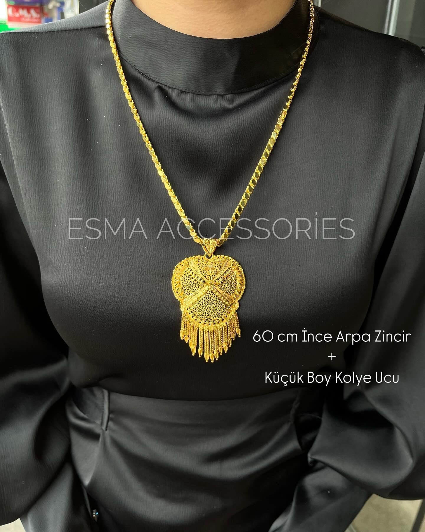 Arpa Zincir ve Küçük Boy Hint Kolye Ucu Kombin 22 Ayar Altın Kaplama (Model 2)