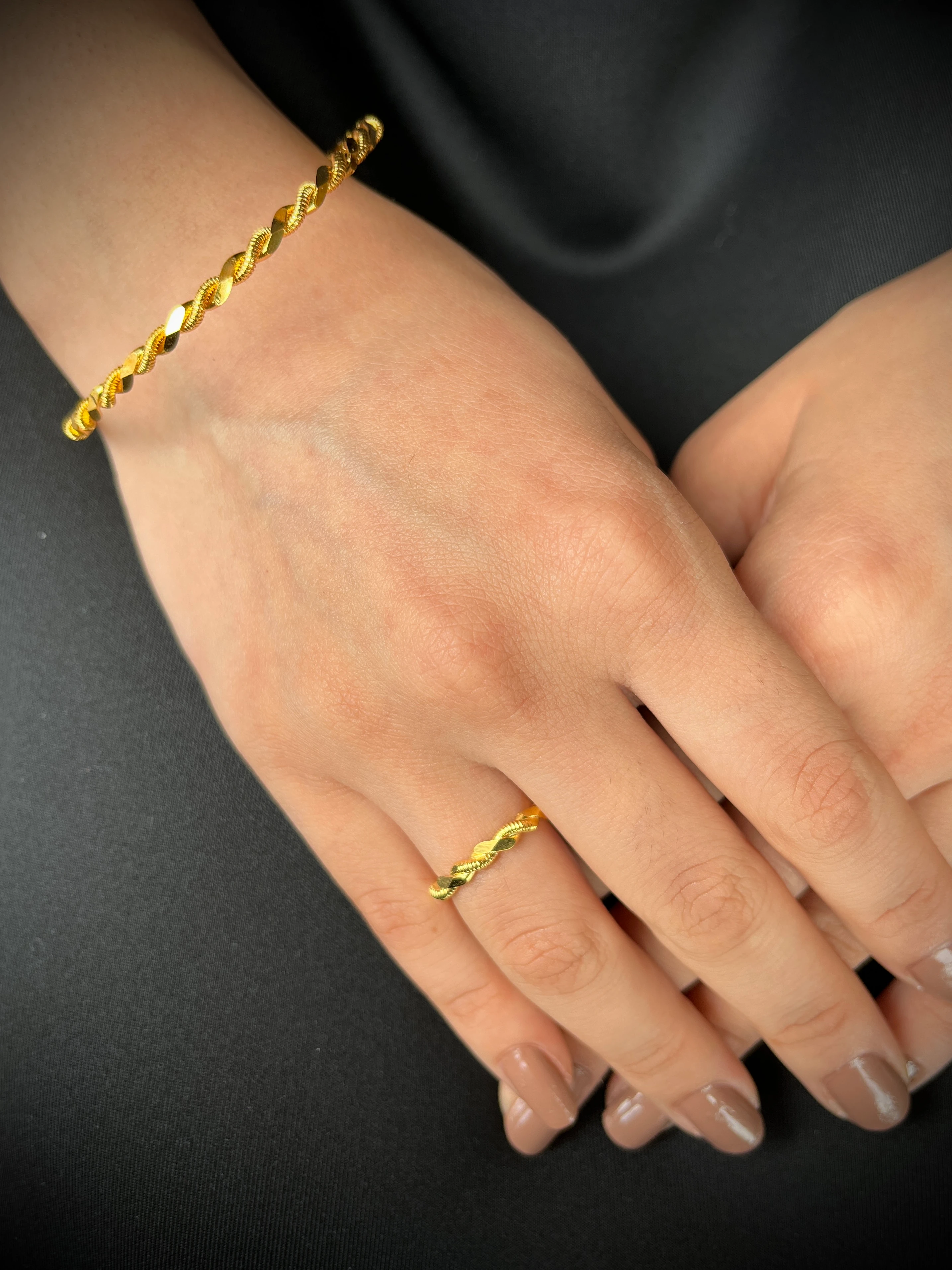 İkili Burma İnce Bilezik ve Burma Yüzük Kombin 22 Ayar Altın Kaplama