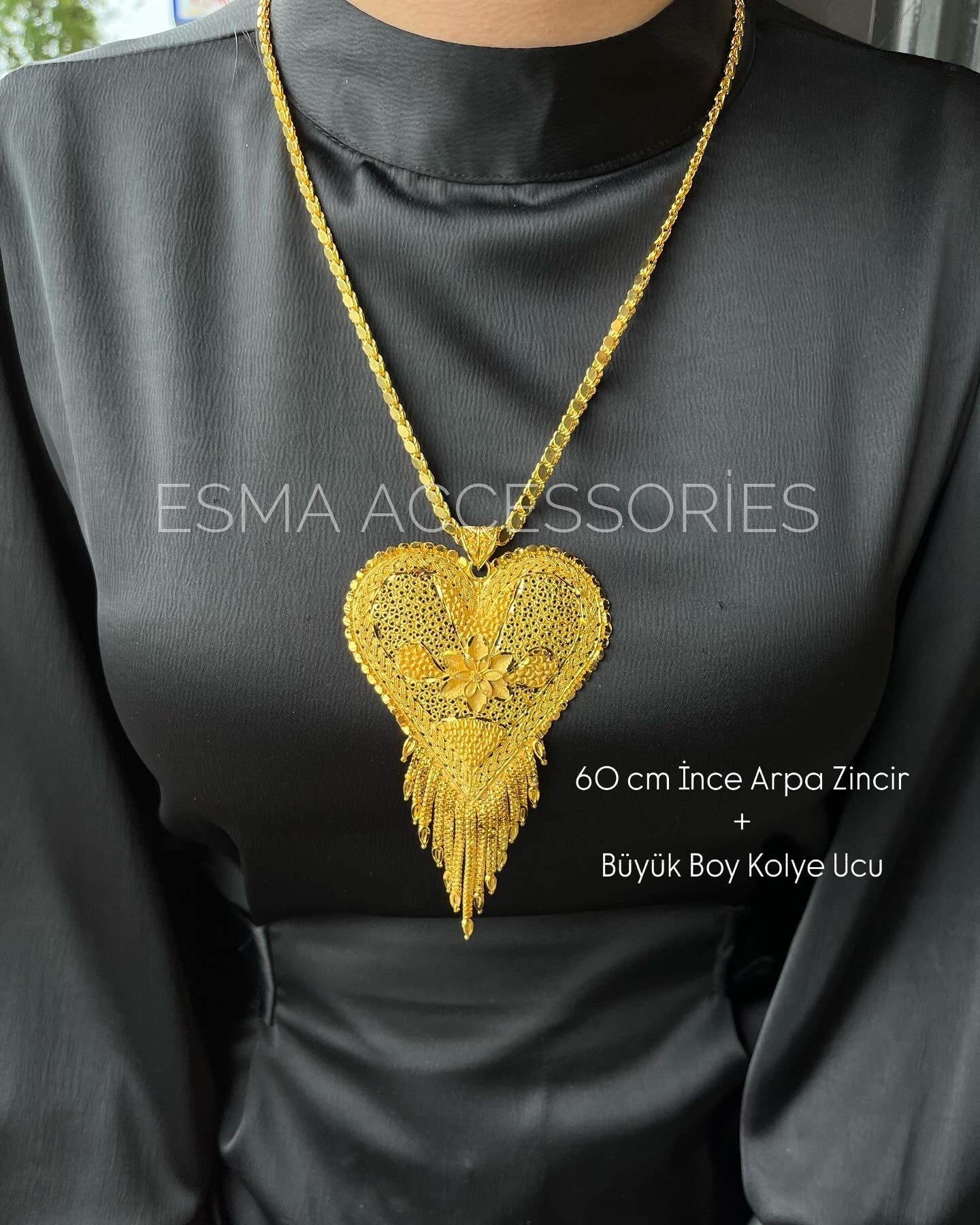Arpa Zincir ve Büyük Boy Hint Kolye Ucu Kombin 22 Ayar Altın Kaplama (Model 2)
