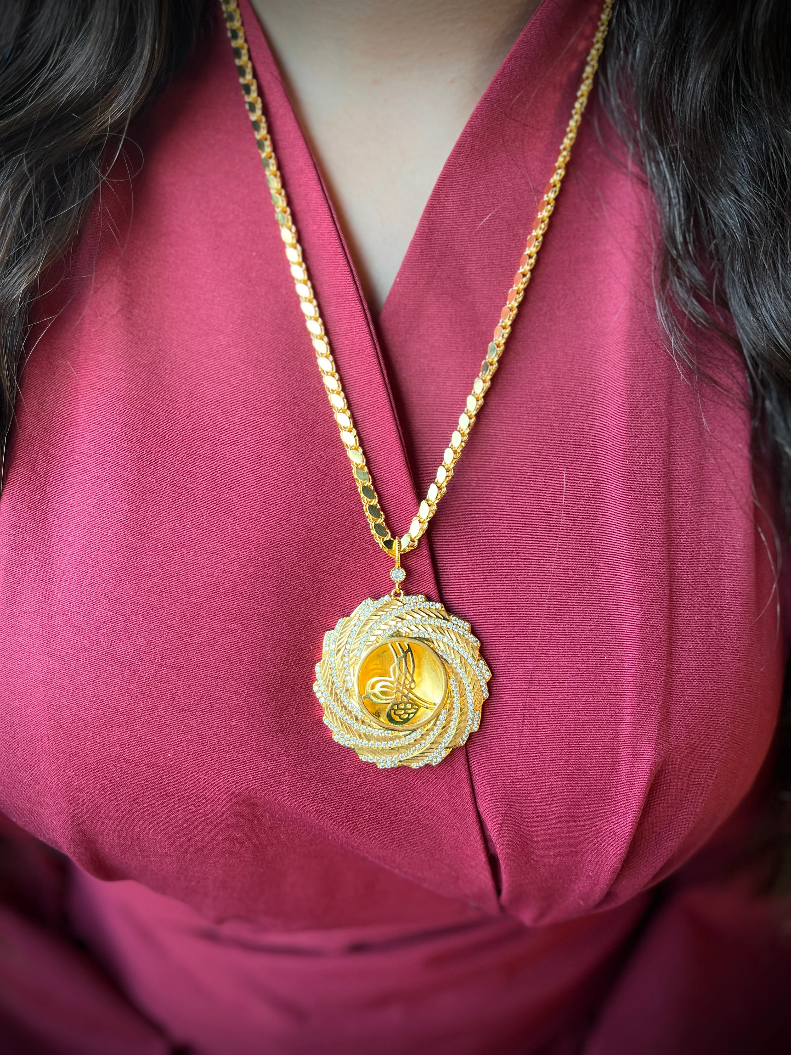 Arpa Zincir ve Güneş Tuğralı Kolye Ucu 22 Ayar Altın Kaplama