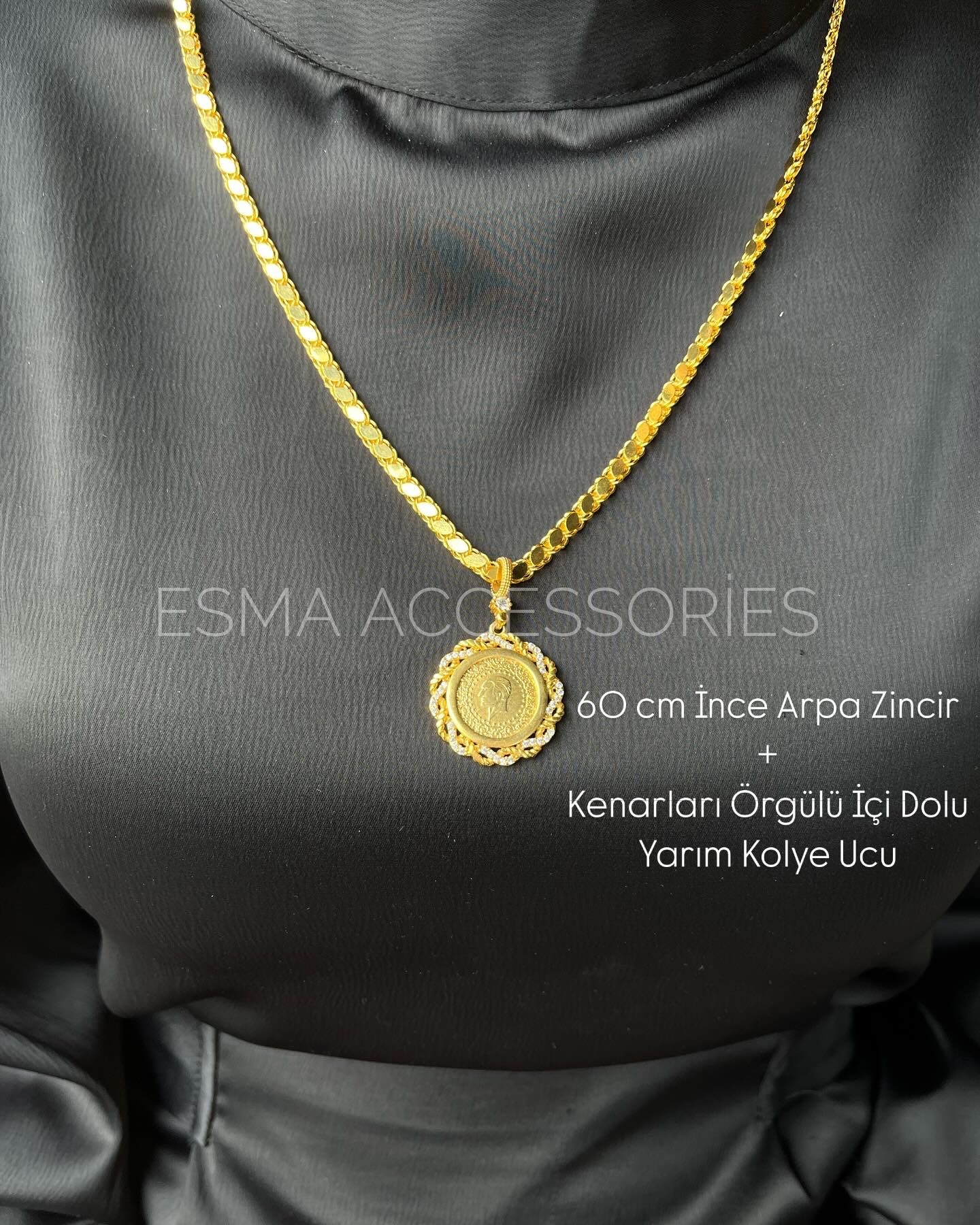 Arpa Pullu Zincir Ve Kenarları Sarmal İçi Dolu Kolye Ucu 22 Ayar Altın Kaplama