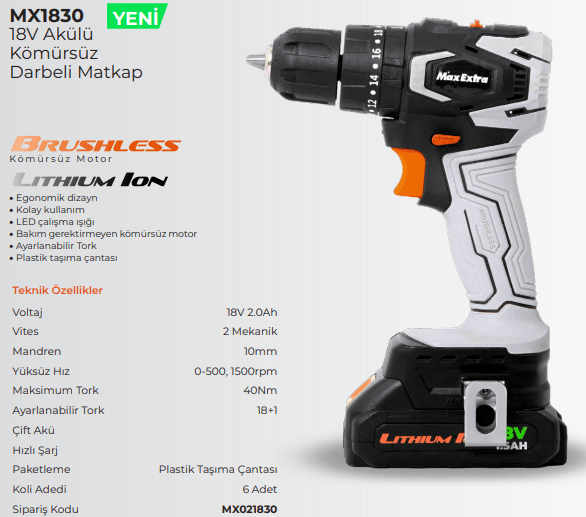 MAX EXTRA AKÜLÜ DARBELİ MATKAP KÖMÜRSÜZ 18V 2.0AH MX1830