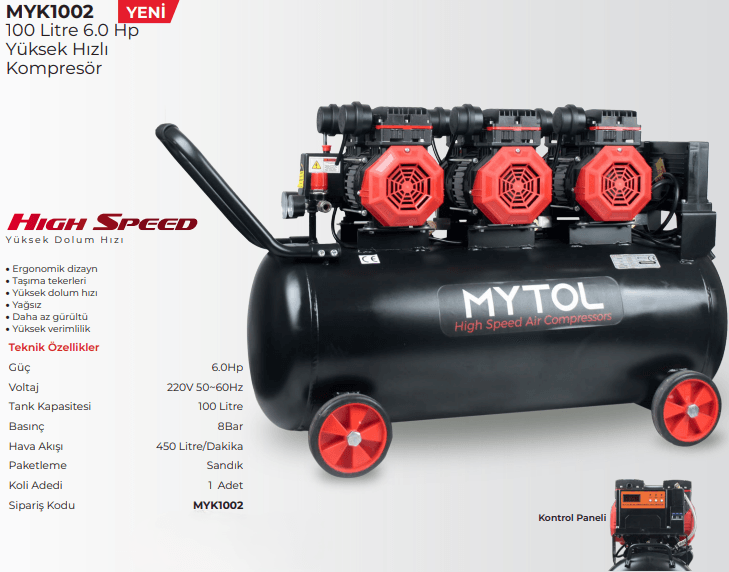 MYTOL KOMPRESÖR YÜKSEK HIZLI 100 LİTRE 6.0HP MYK1002