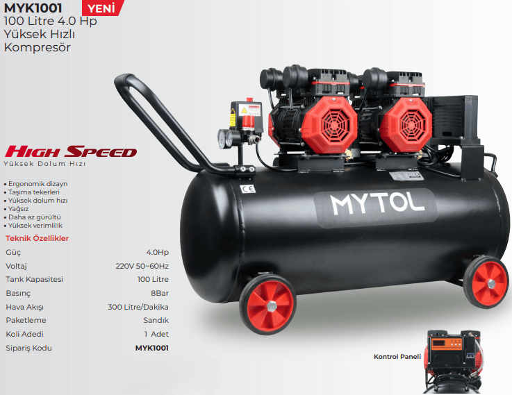 MYTOL KOMPRESÖR YÜKSEK HIZLI 100 LİTRE 4.0HP MYK1001