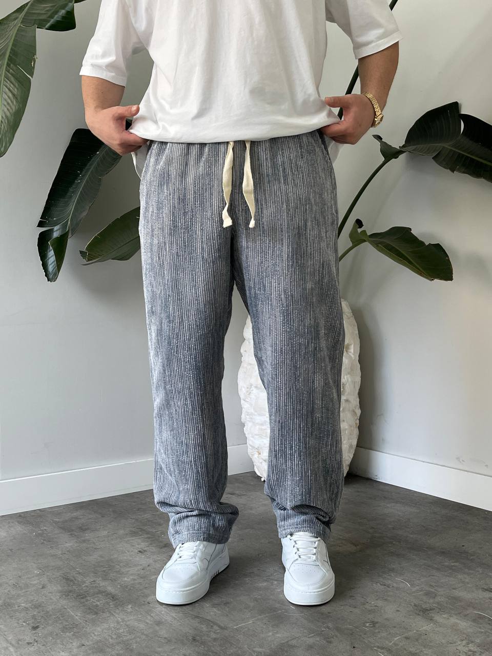 Erkek Gri Kadife Baggy Pantolon