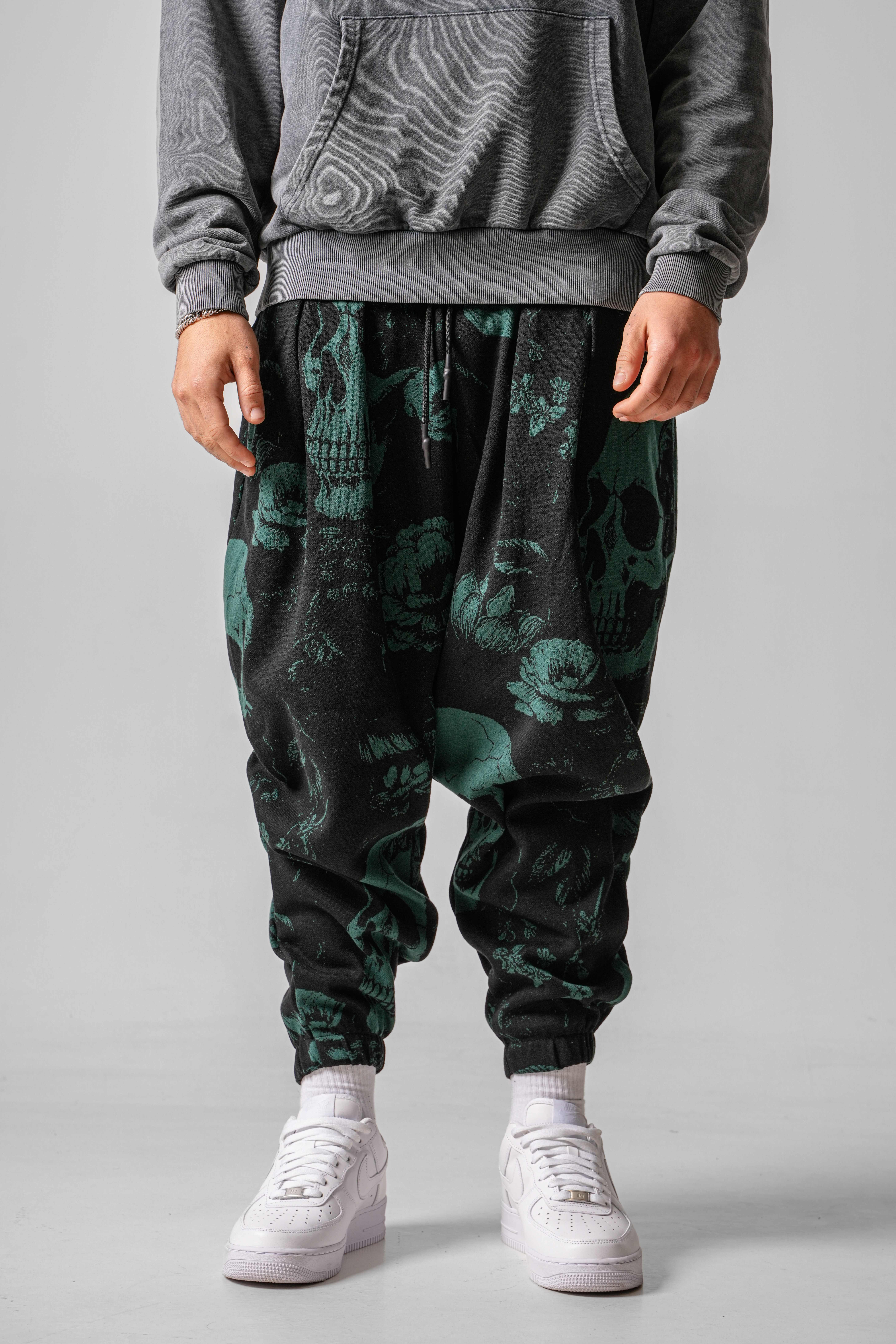 Erkek Green Skull Pileli Yarım Şalvar (SS26)