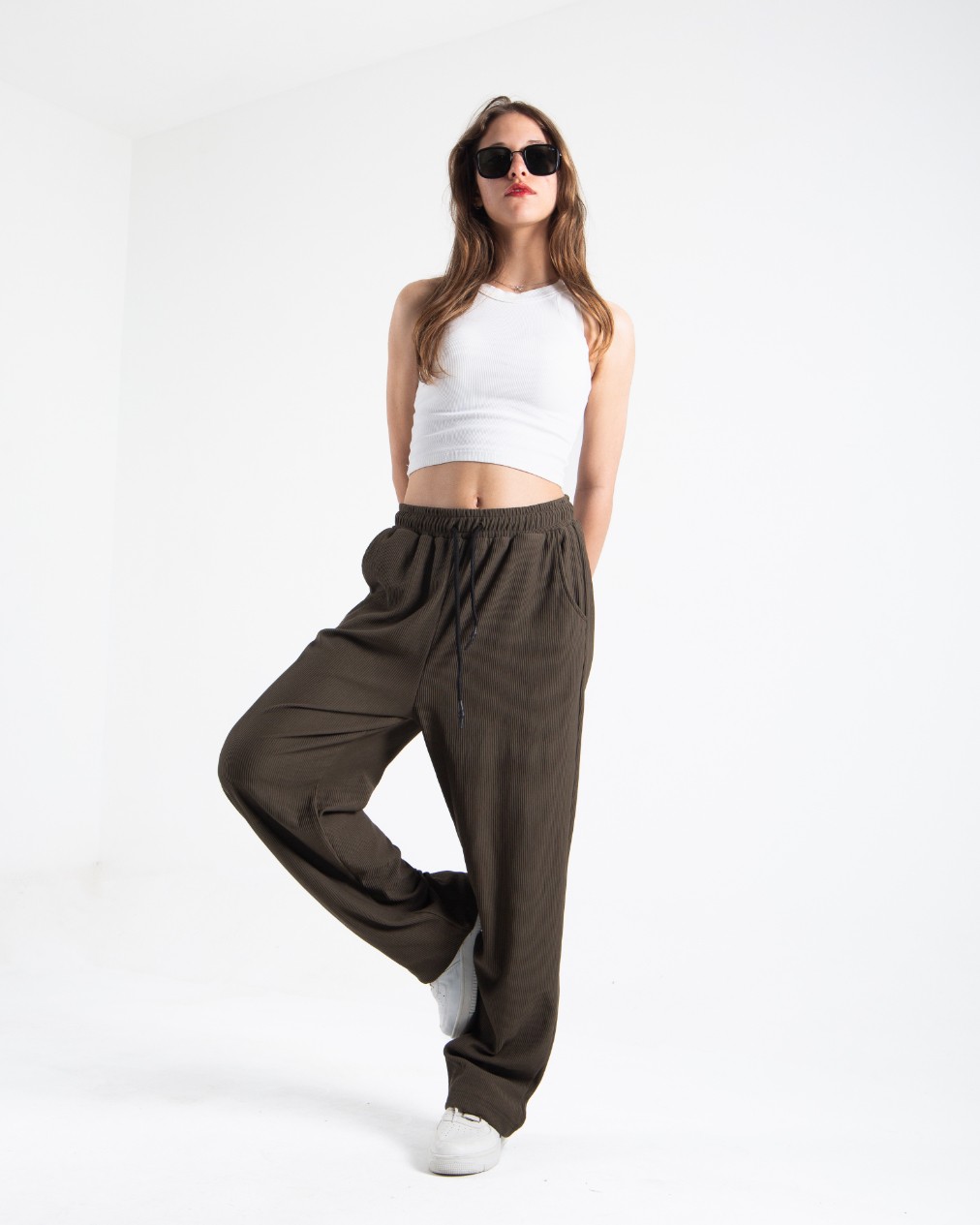Kadın Haki Fitilli Baggy Pantolon