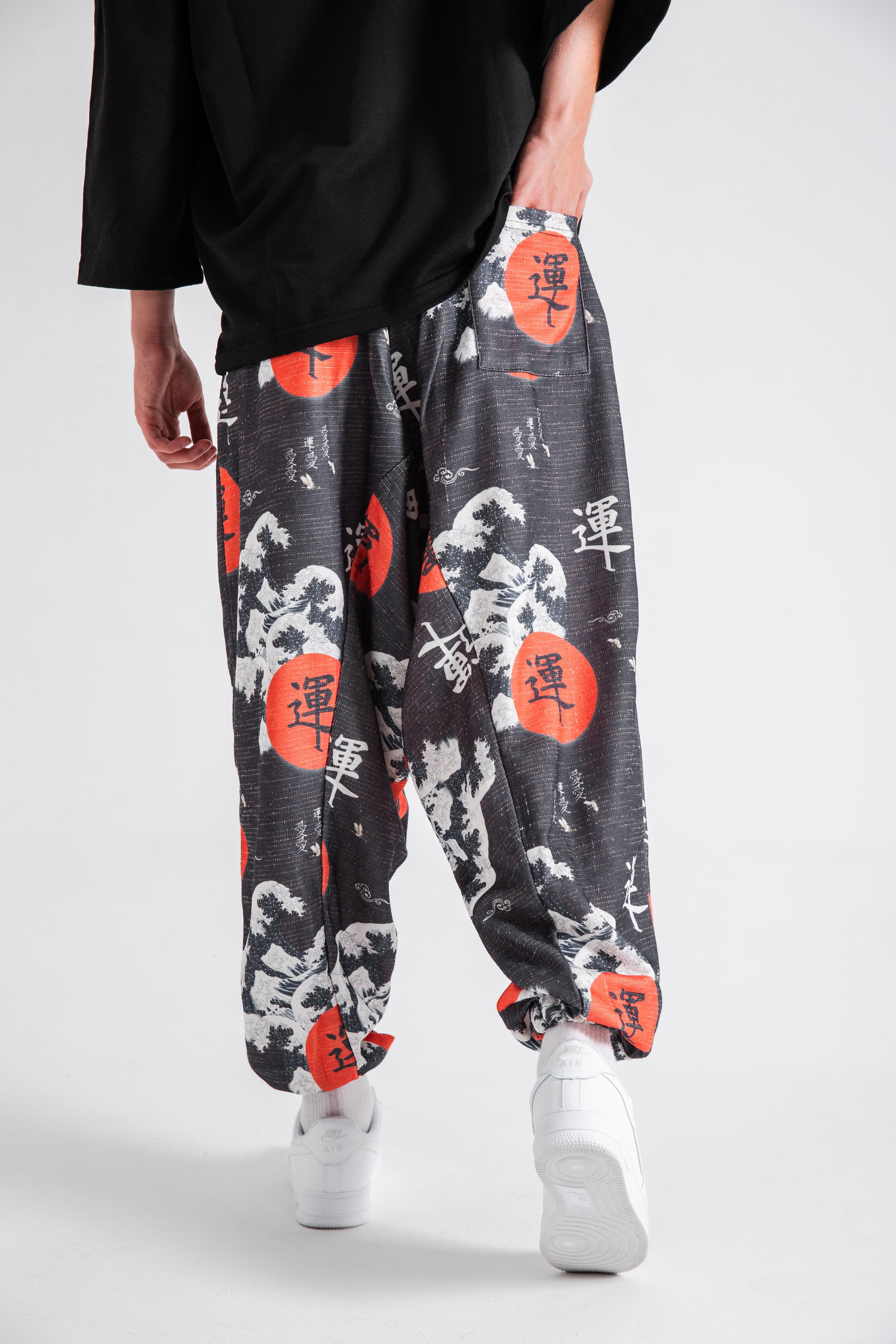 Erkek Black Japon Bel Paça Lastikli Şalvar Pantolon