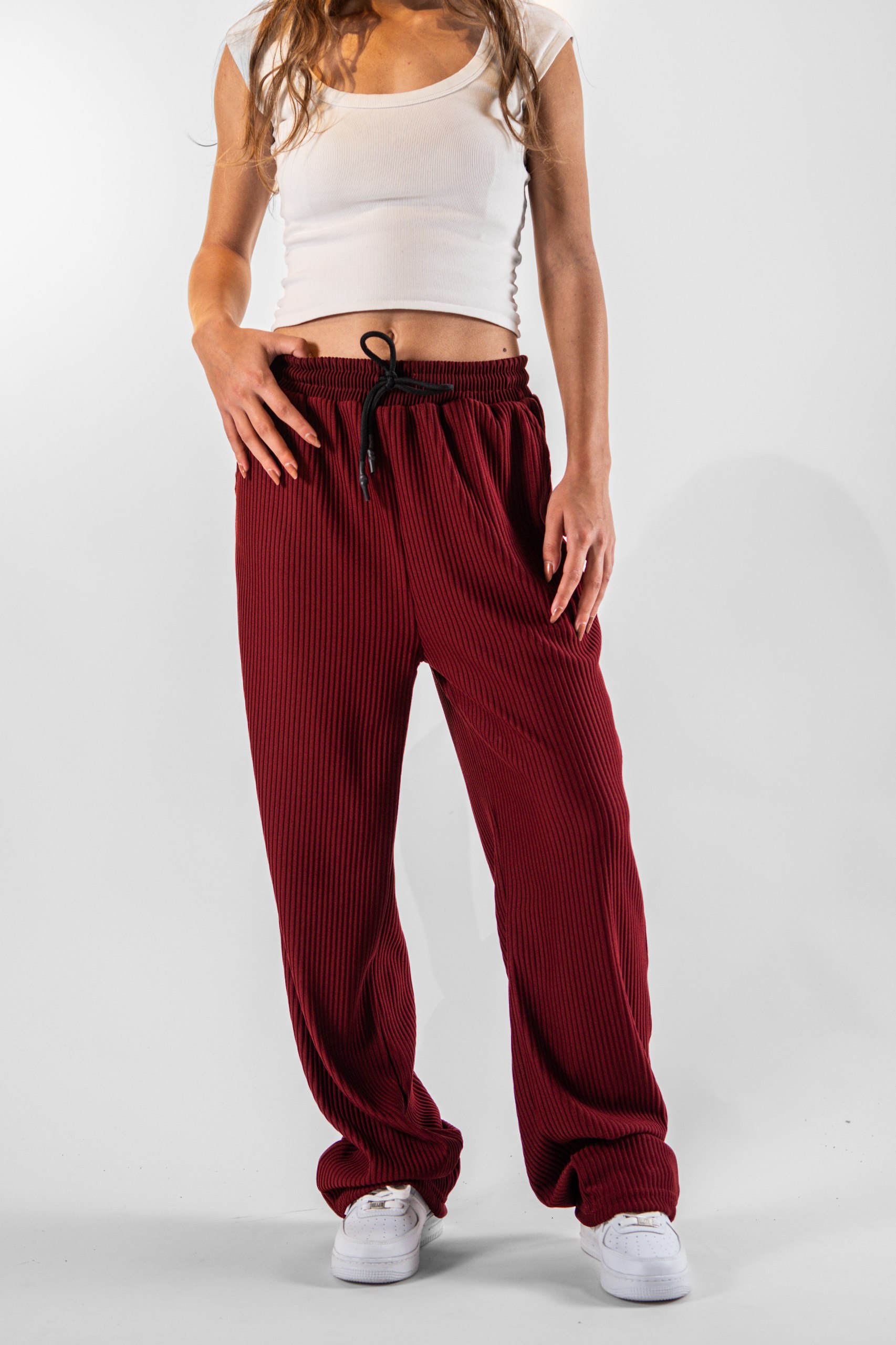 Kadın Bordo Fitilli Baggy Pantolon