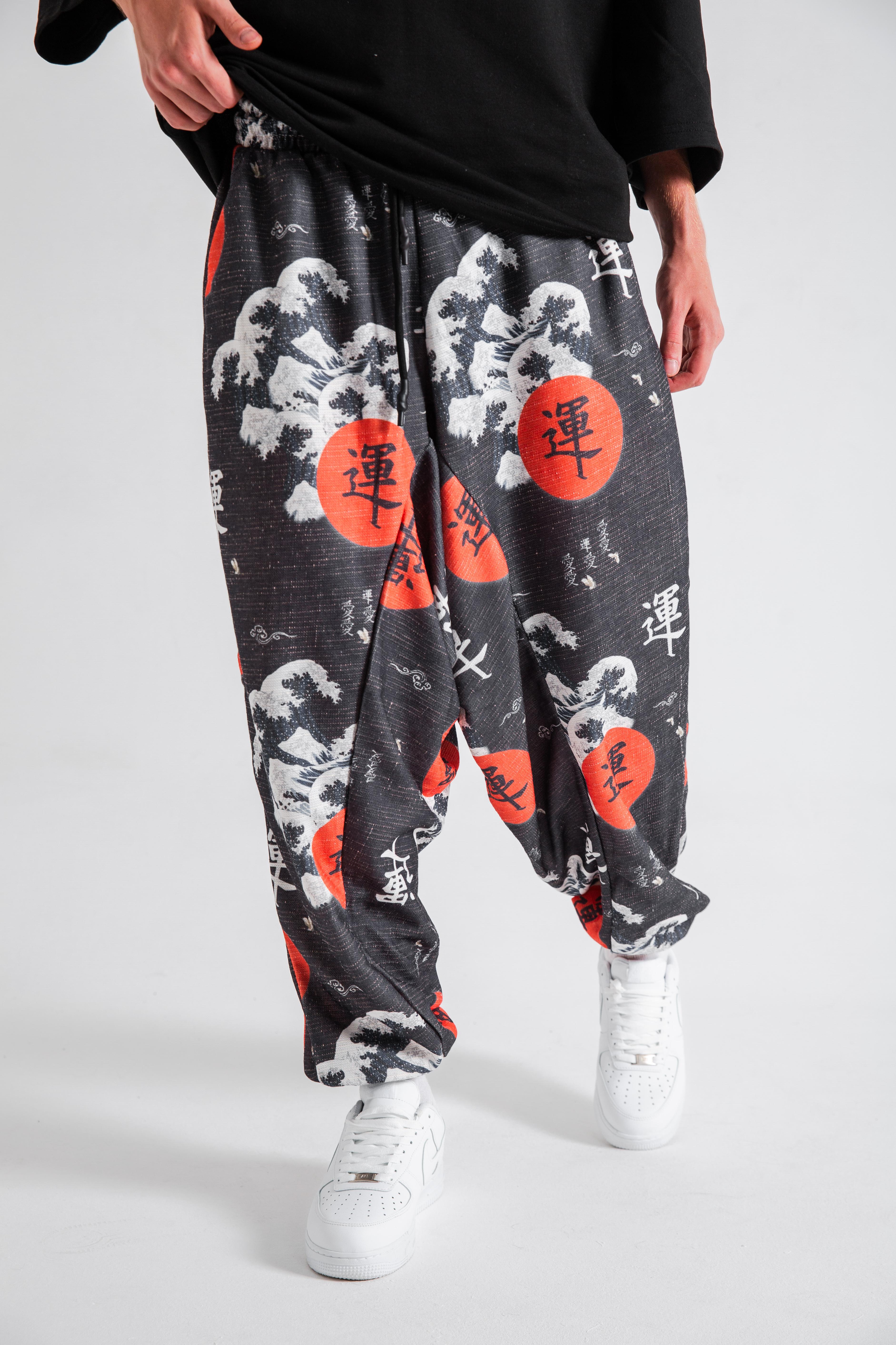 Erkek Black Japon Bel Paça Lastikli Şalvar Pantolon