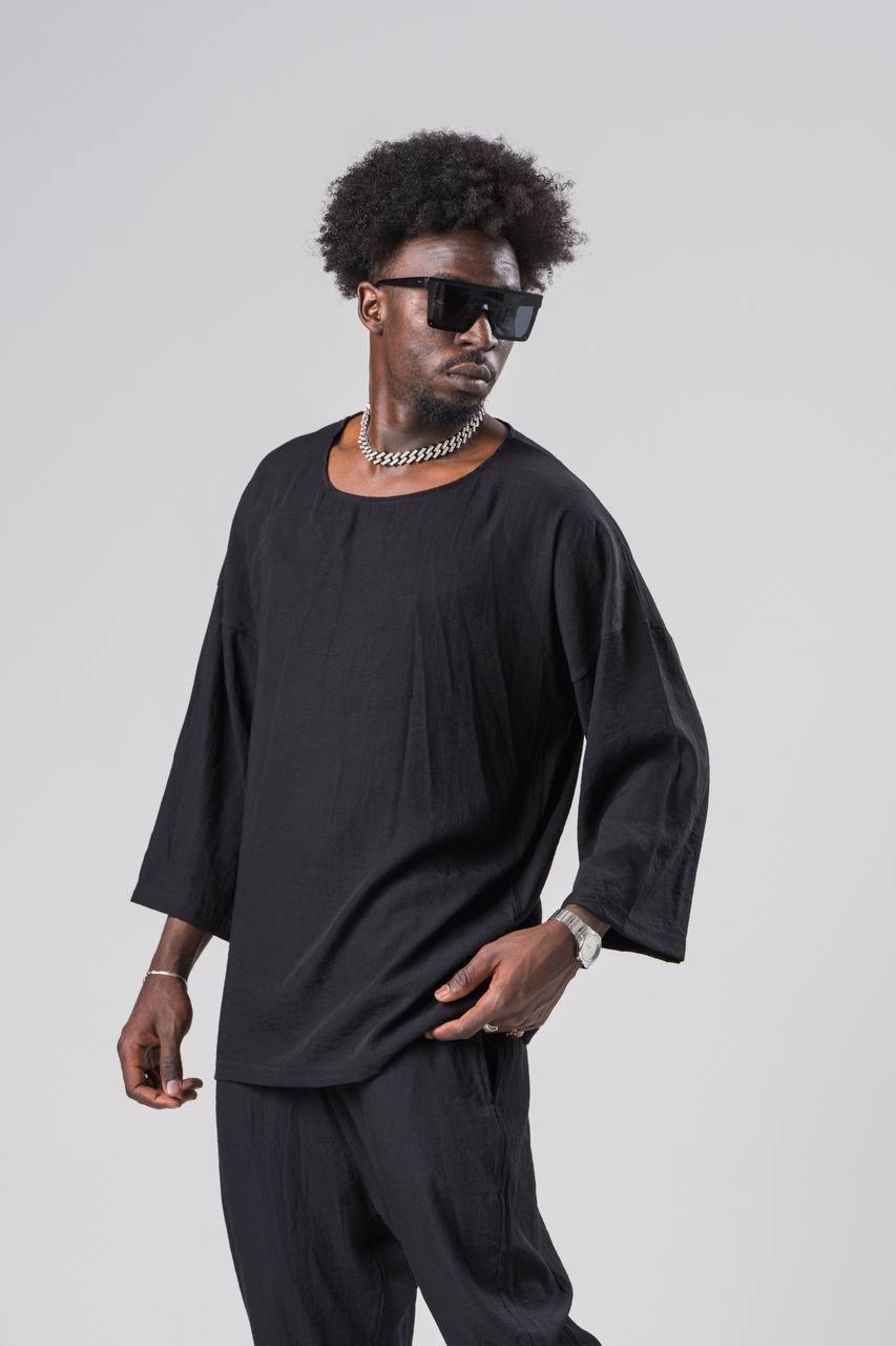 Erkek Siyah Fakir Kol Keten T-Shirt