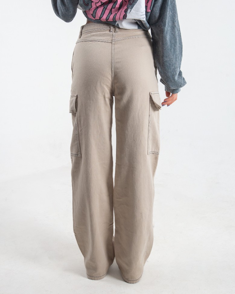 Kadın Krem Dikiş Detaylı Baggy Pantolon