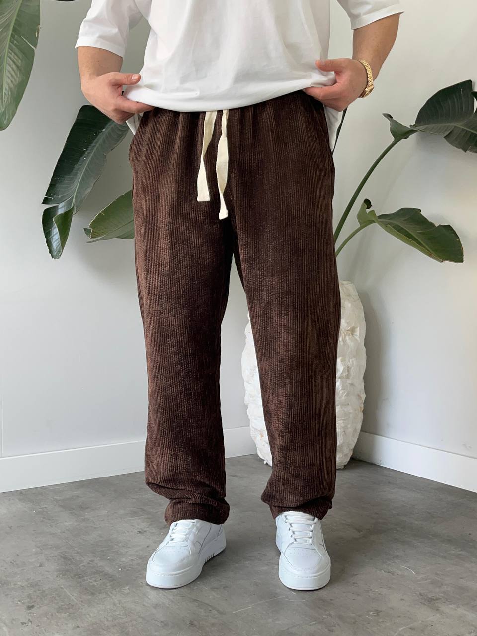 Erkek Kahverengi Kadife Baggy Pantolon 