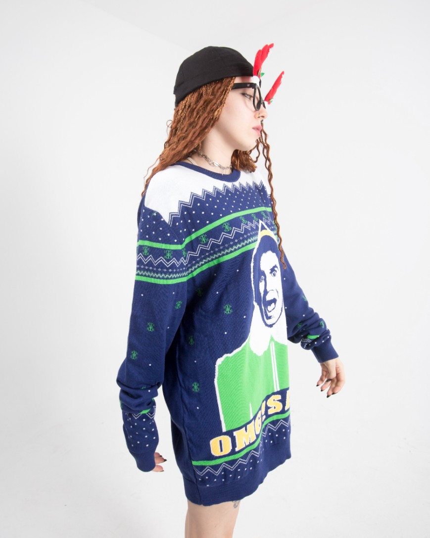 Kadın Lacivert Santa Nakışlı Oversize Triko