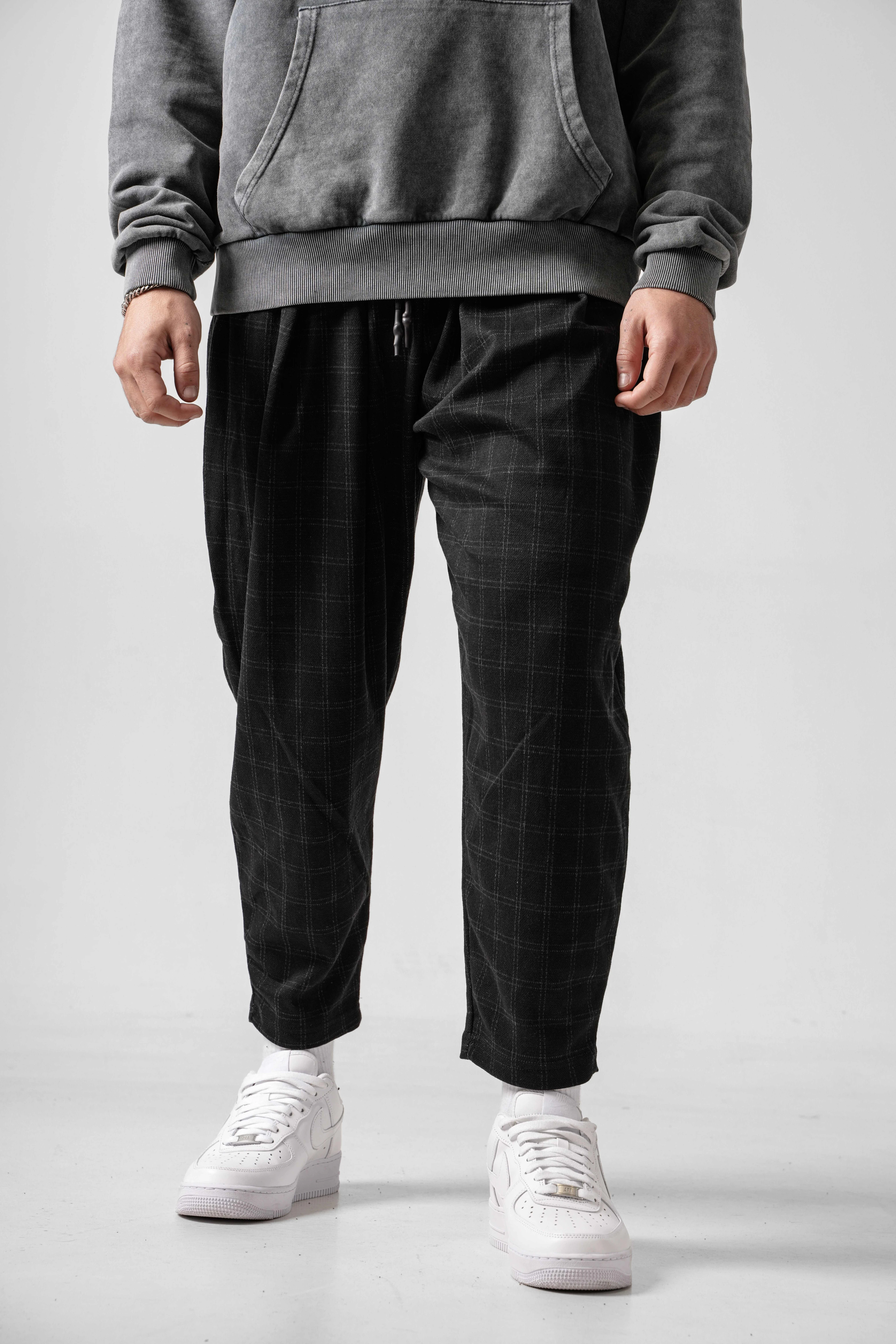 Erkek Soft Kareli Pileli Düz Paça Pantolon