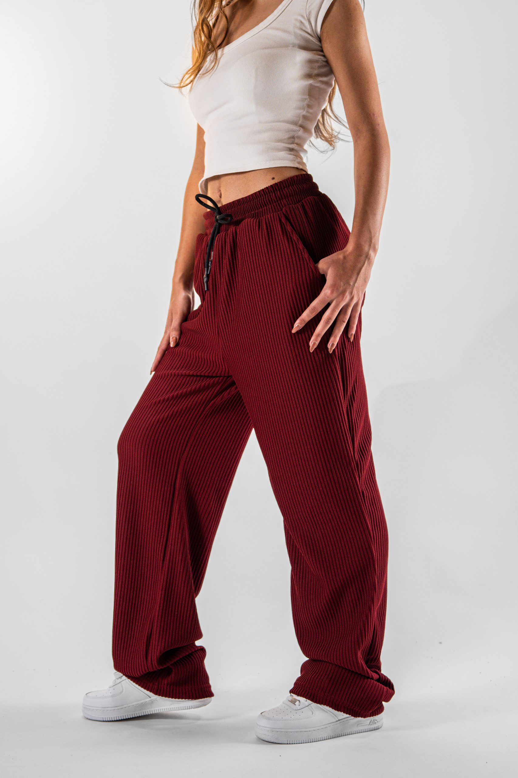 Kadın Bordo Fitilli Baggy Pantolon