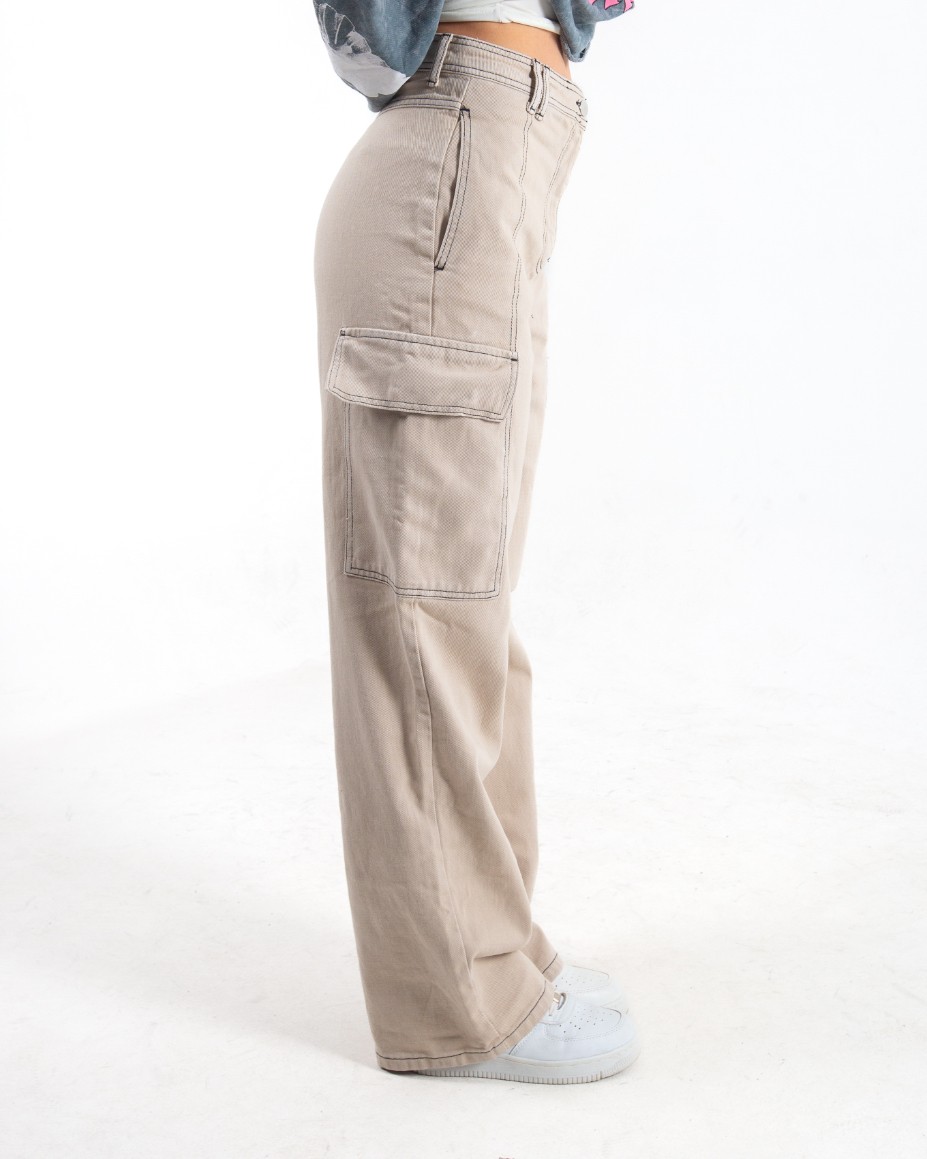 Kadın Krem Dikiş Detaylı Baggy Pantolon