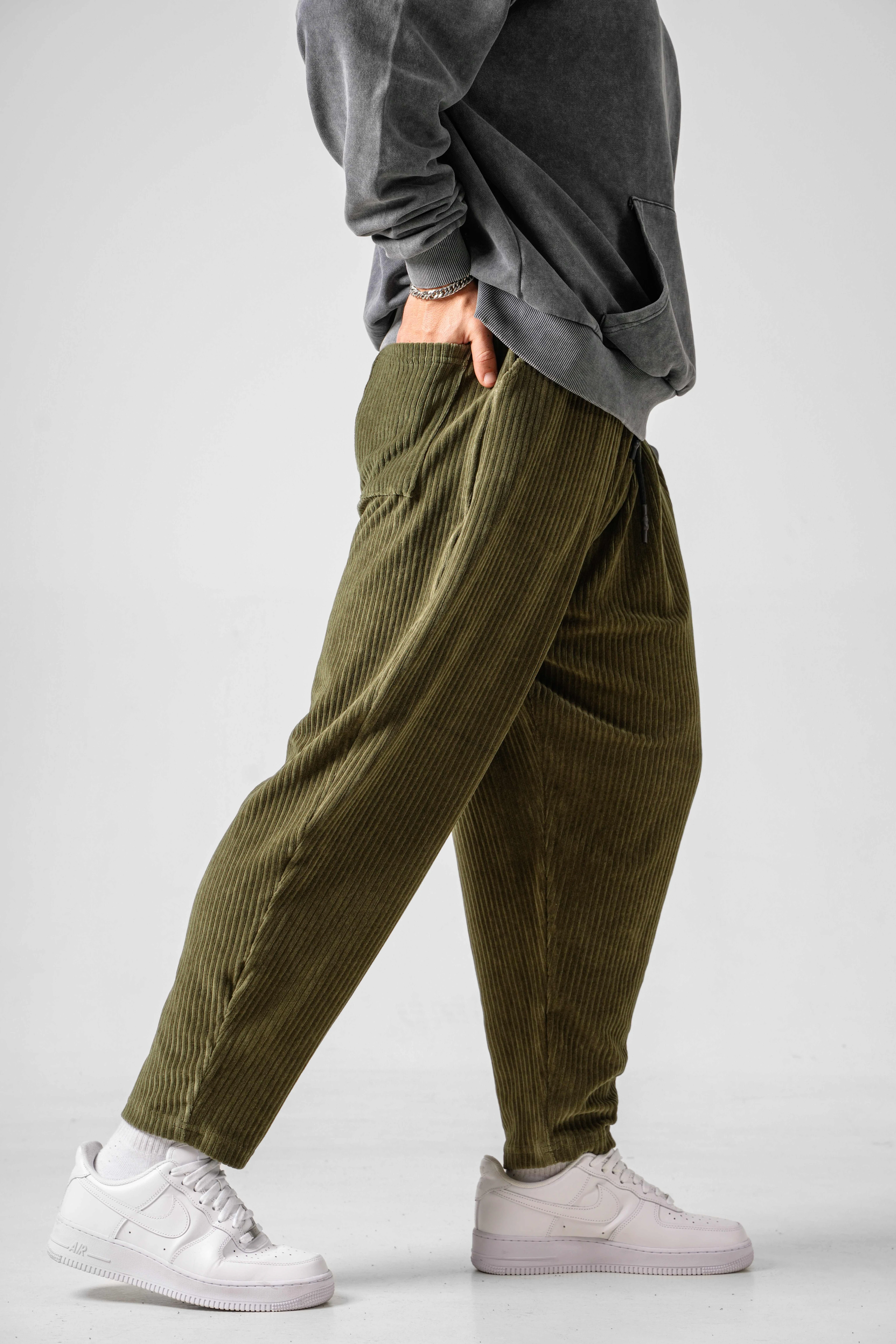 Erkek Haki Kadife Pileli Yarım Şalvar