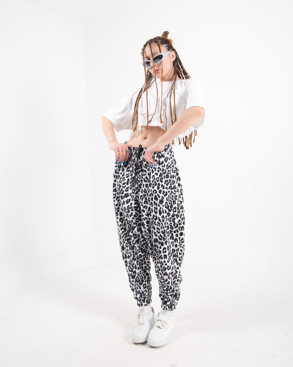 Kadın Siyah/Beyaz Leopard Şalvar Pantolon