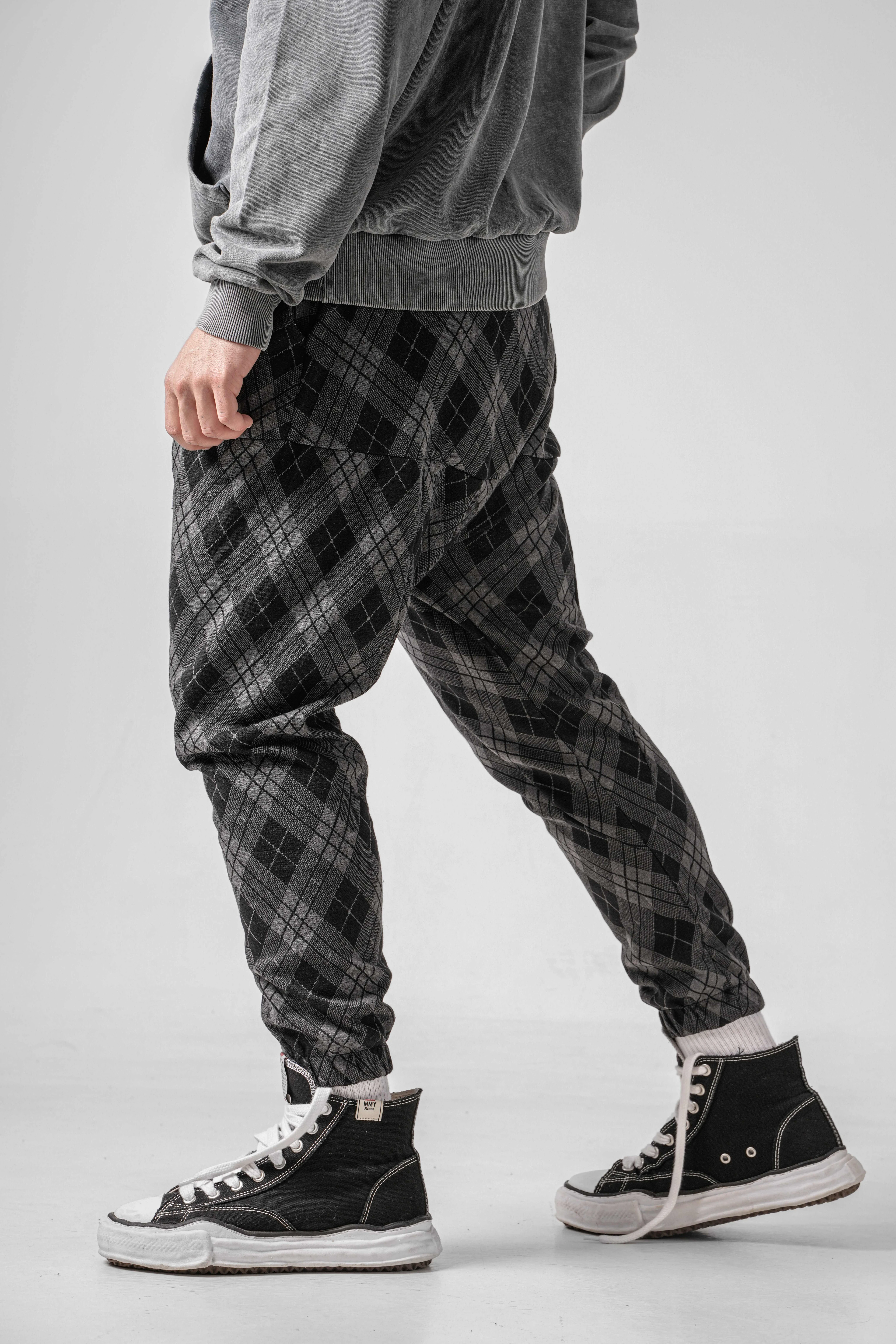 Erkek Gri Baklava Desenli Dar Şalvar