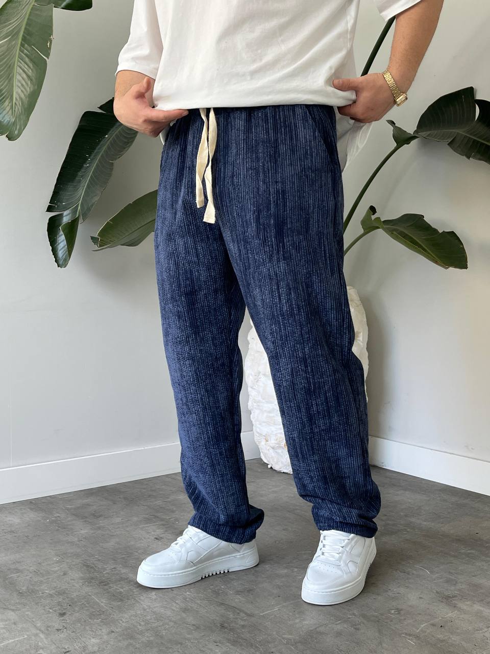 Erkek Lacivert Kadife Baggy Pantolon 