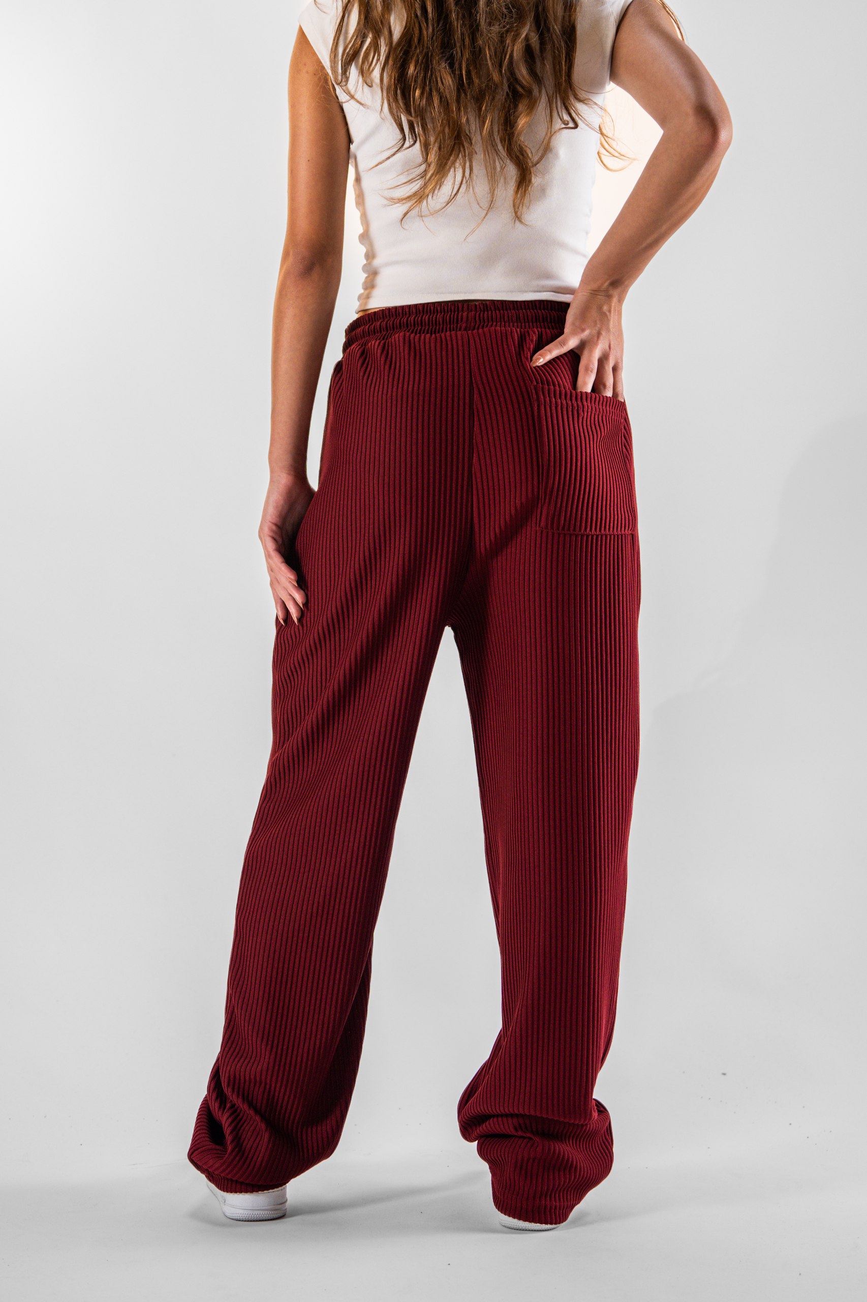 Kadın Bordo Fitilli Baggy Pantolon