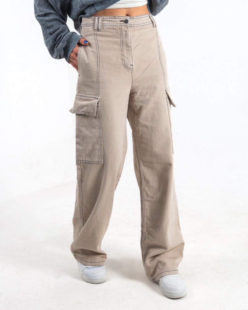 Kadın Krem Dikiş Detaylı Baggy Pantolon