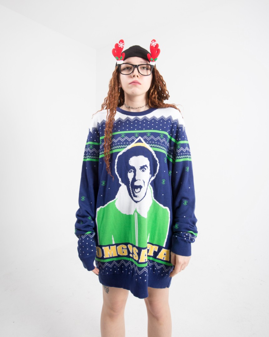 Kadın Lacivert Santa Nakışlı Oversize Triko