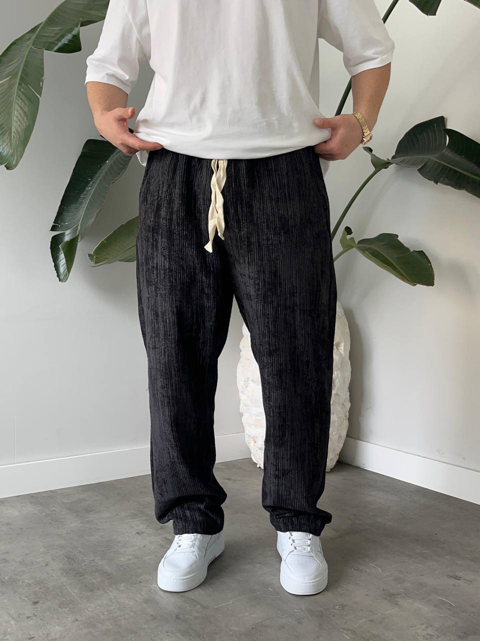 Erkek Siyah Kadife Baggy Pantolon