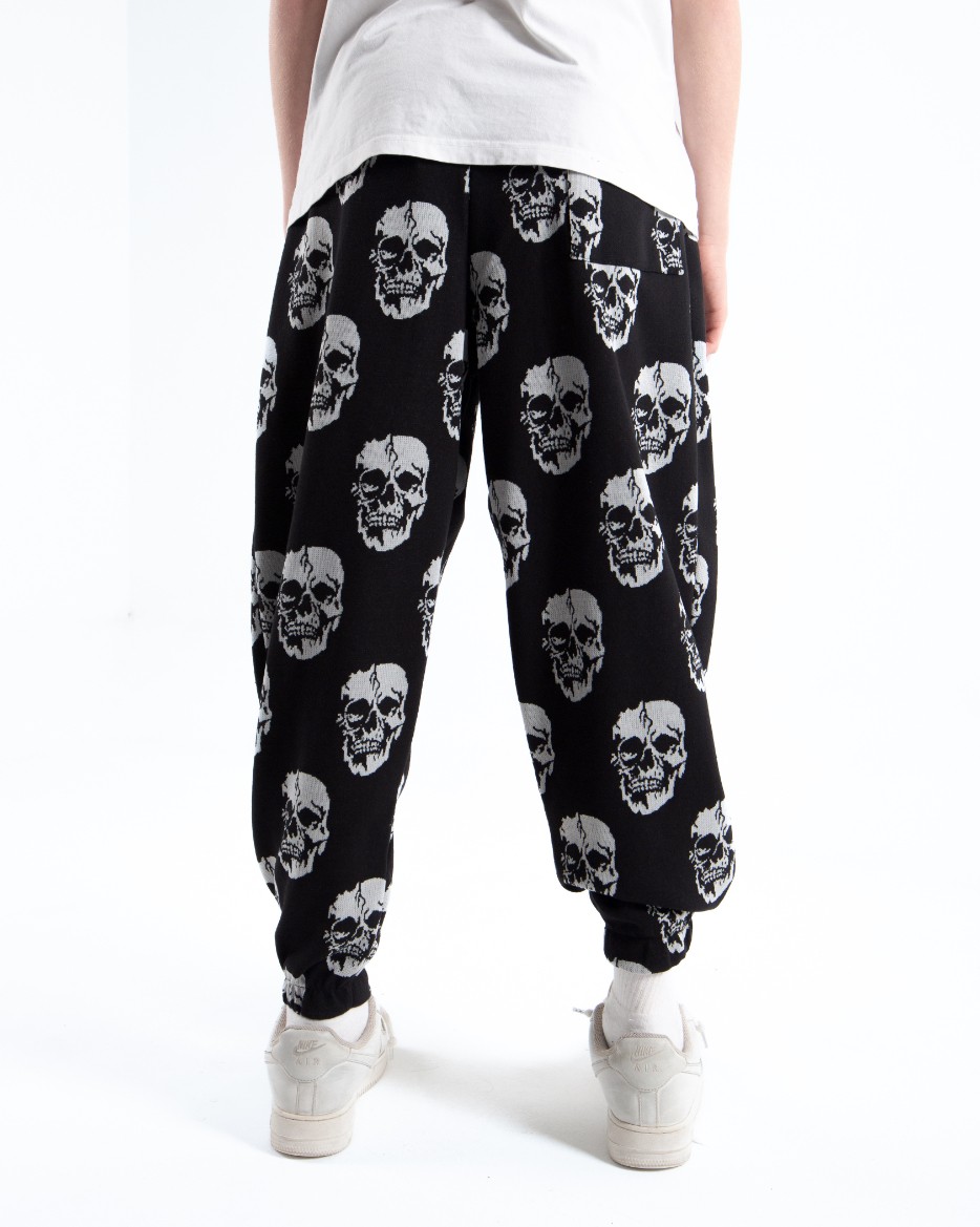 Erkek Siyah Skull Pileli Eşofman Altı
