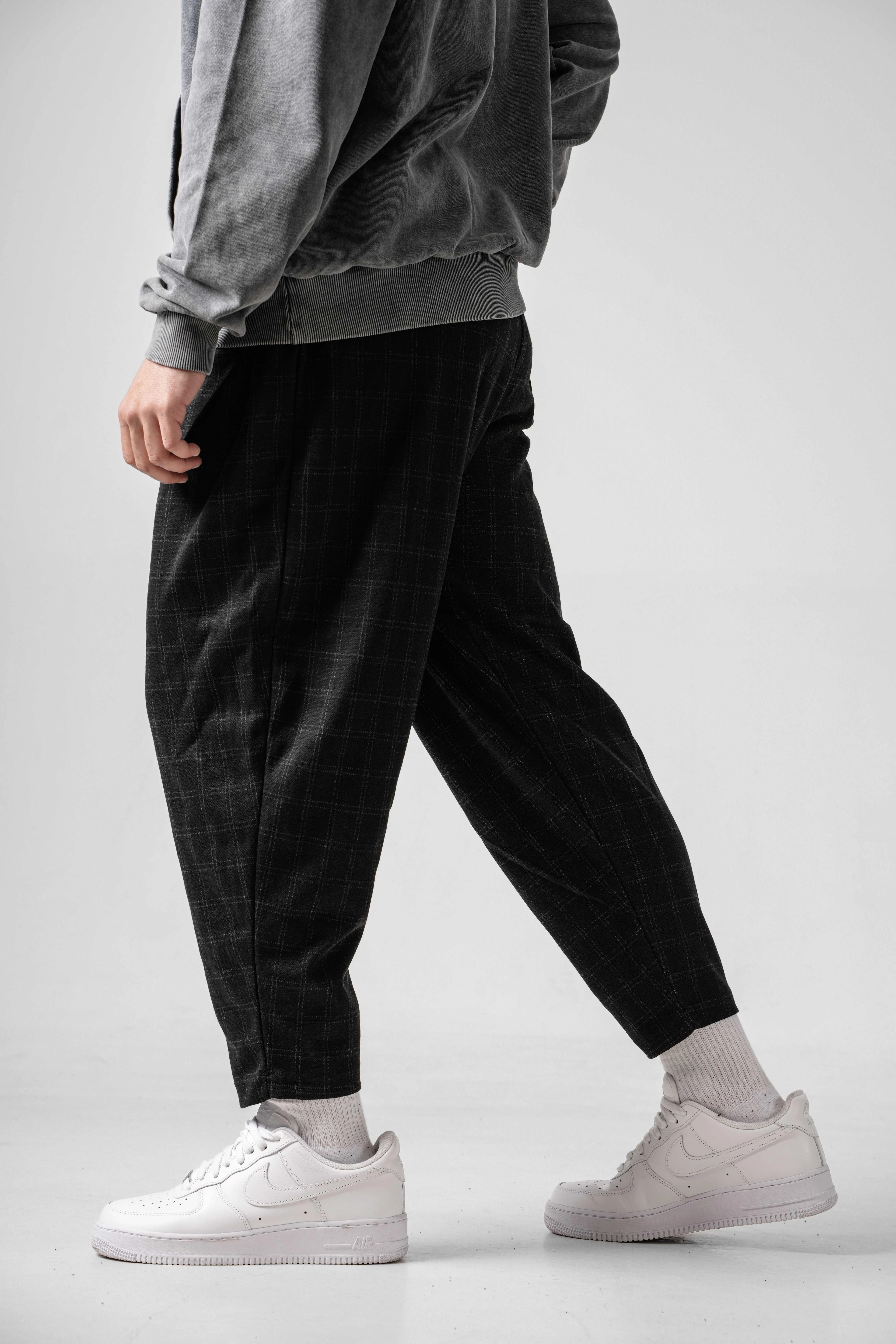 Erkek Soft Kareli Pileli Düz Paça Pantolon