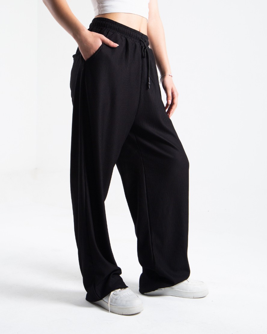 Kadın Siyah Fitilli Baggy Pantolon