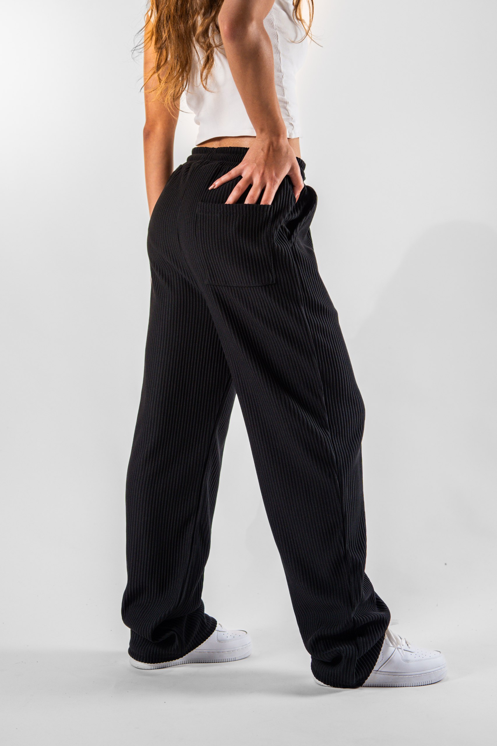 Kadın Siyah Fitilli Baggy Pantolon