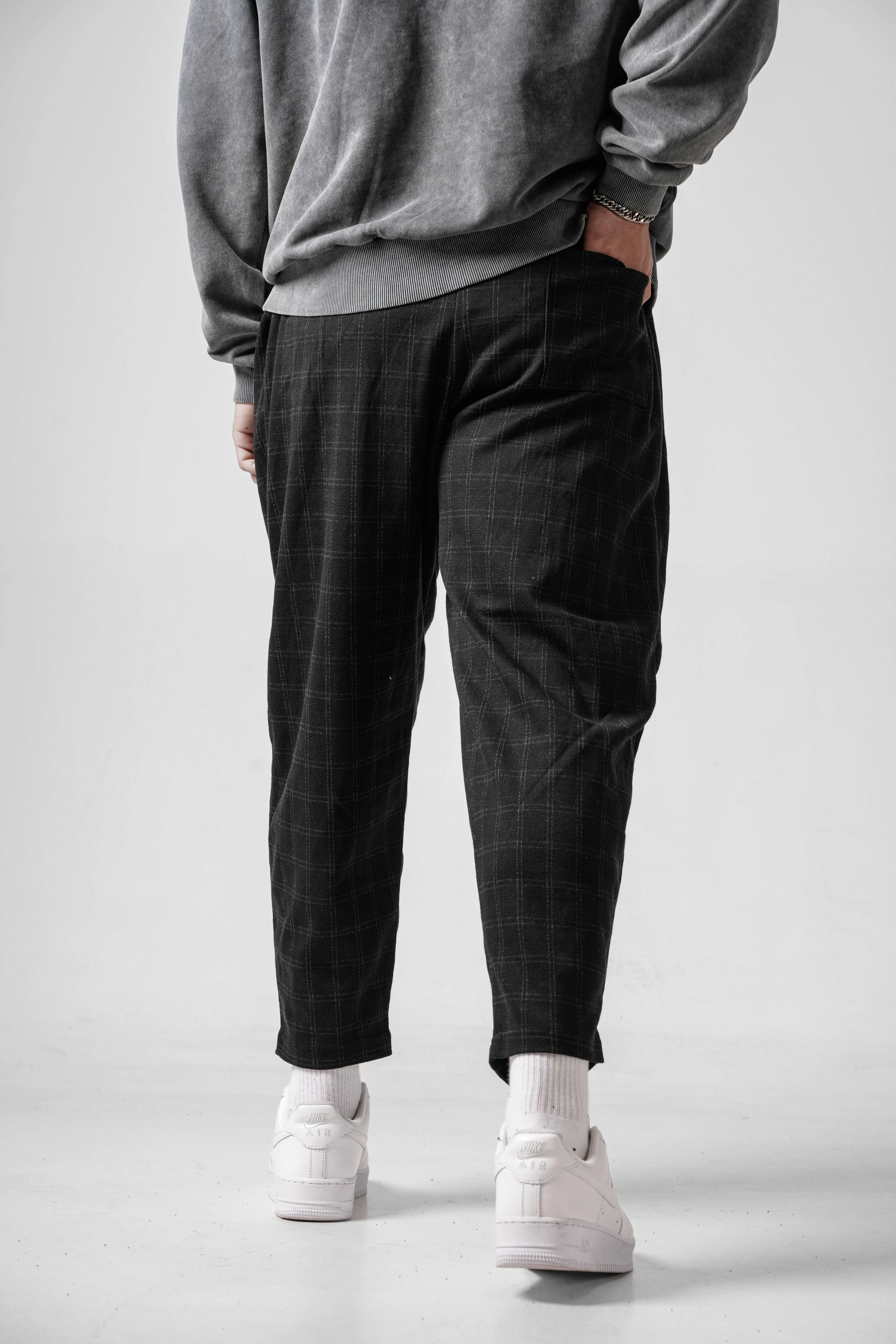 Erkek Soft Kareli Pileli Düz Paça Pantolon