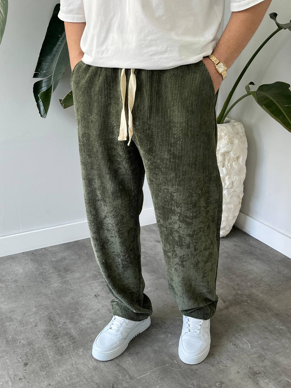 Erkek Haki Kadife Baggy Pantolon