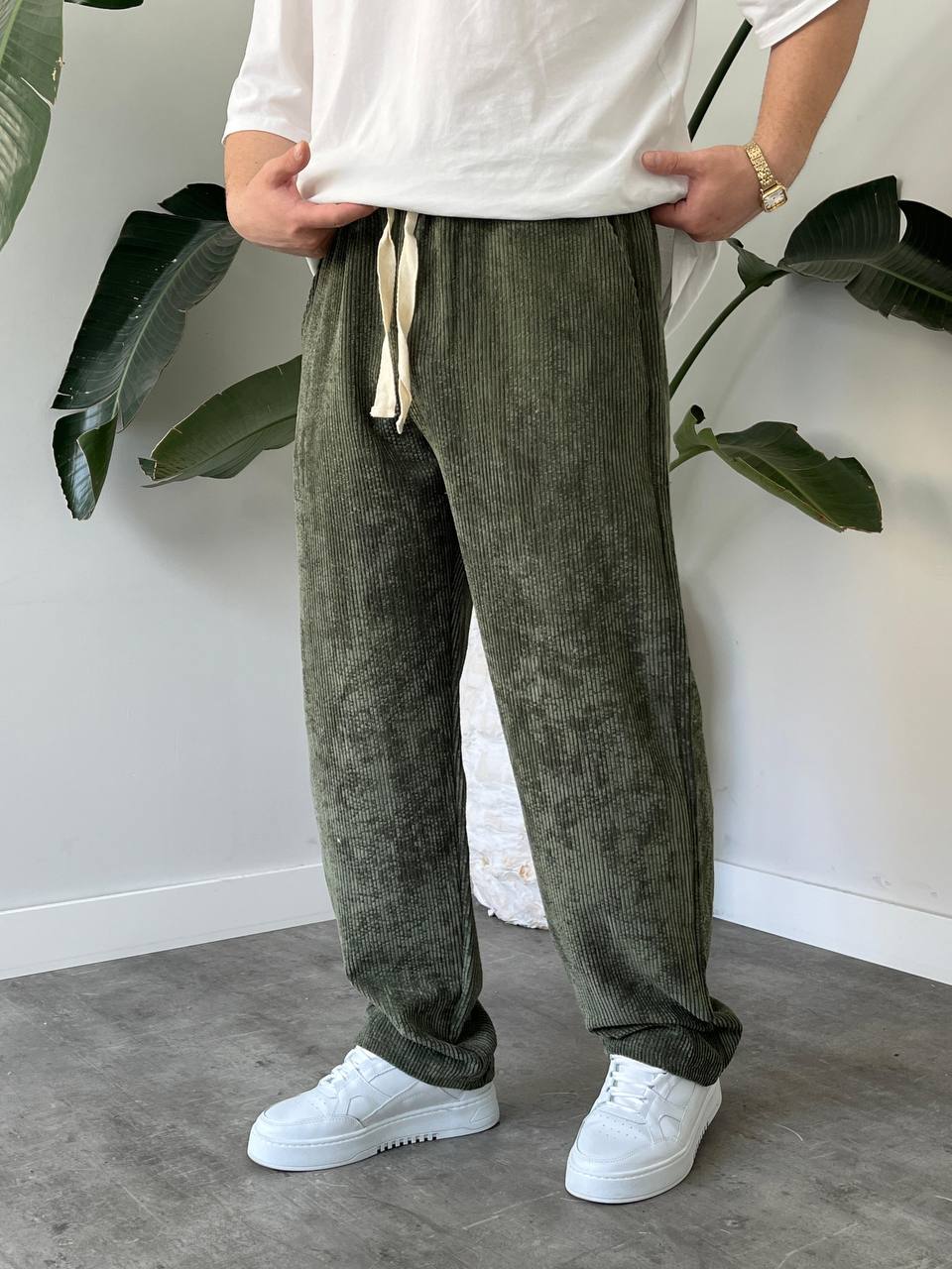 Erkek Haki Kadife Baggy Pantolon