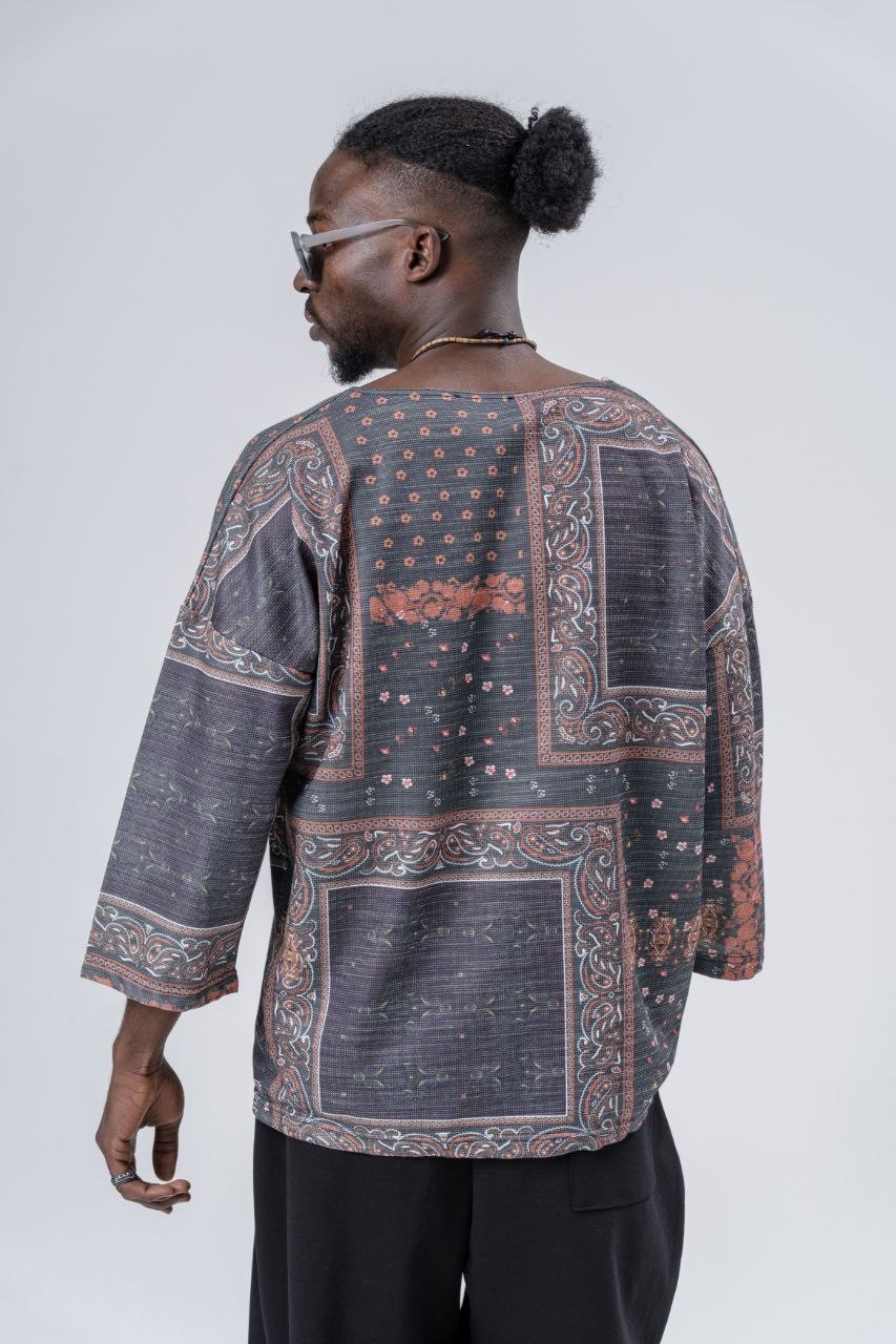Şal Desenli Fakir Kol T-Shirt