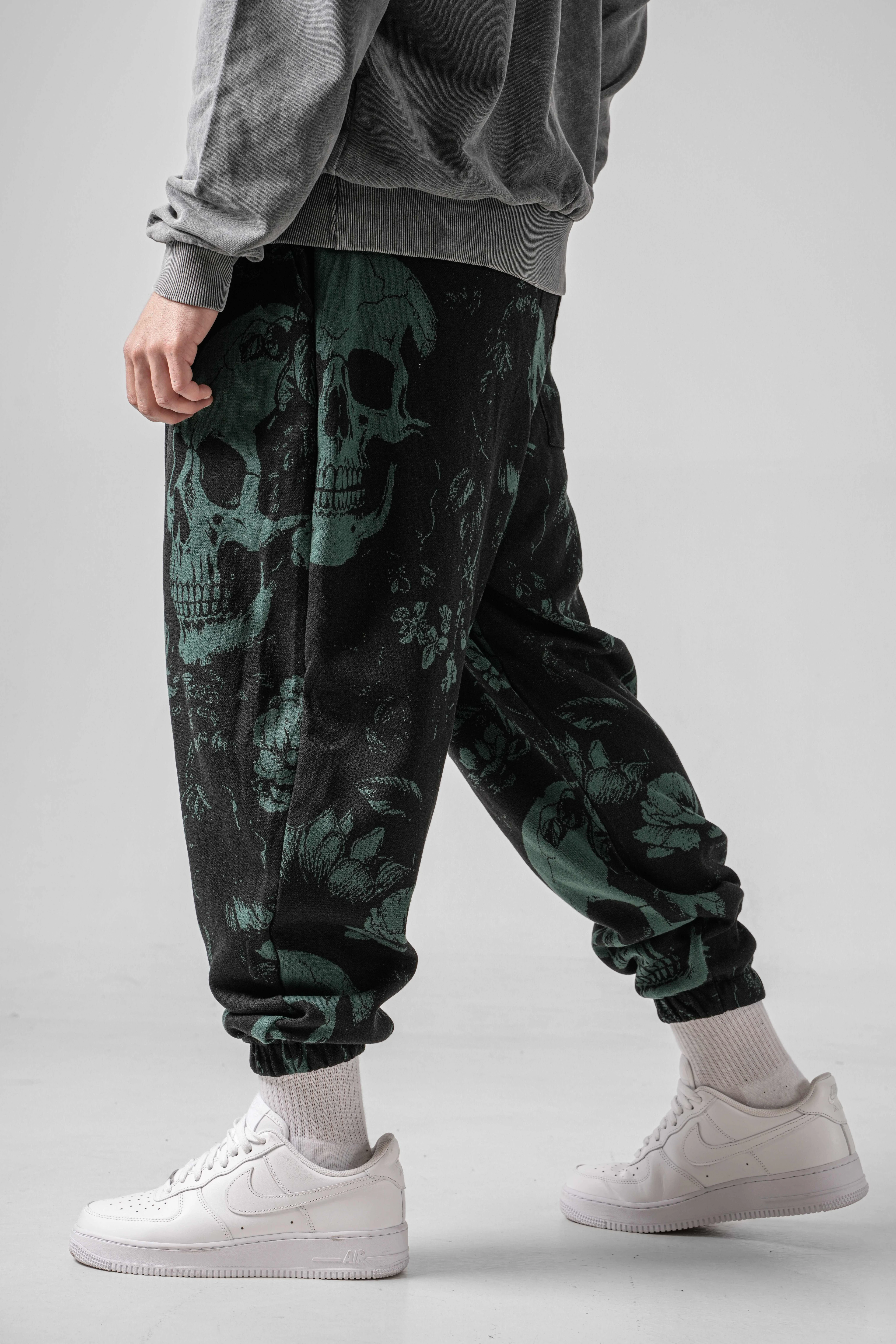 Erkek Green Skull Pileli Yarım Şalvar (SS26)