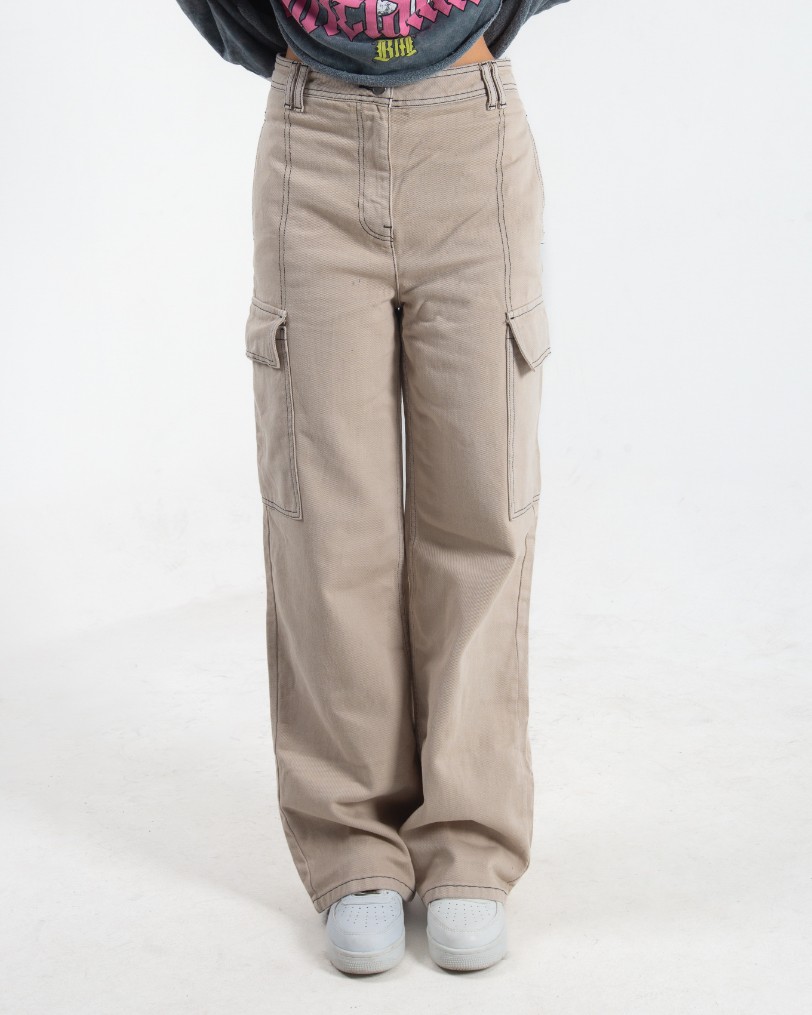 Kadın Krem Dikiş Detaylı Baggy Pantolon