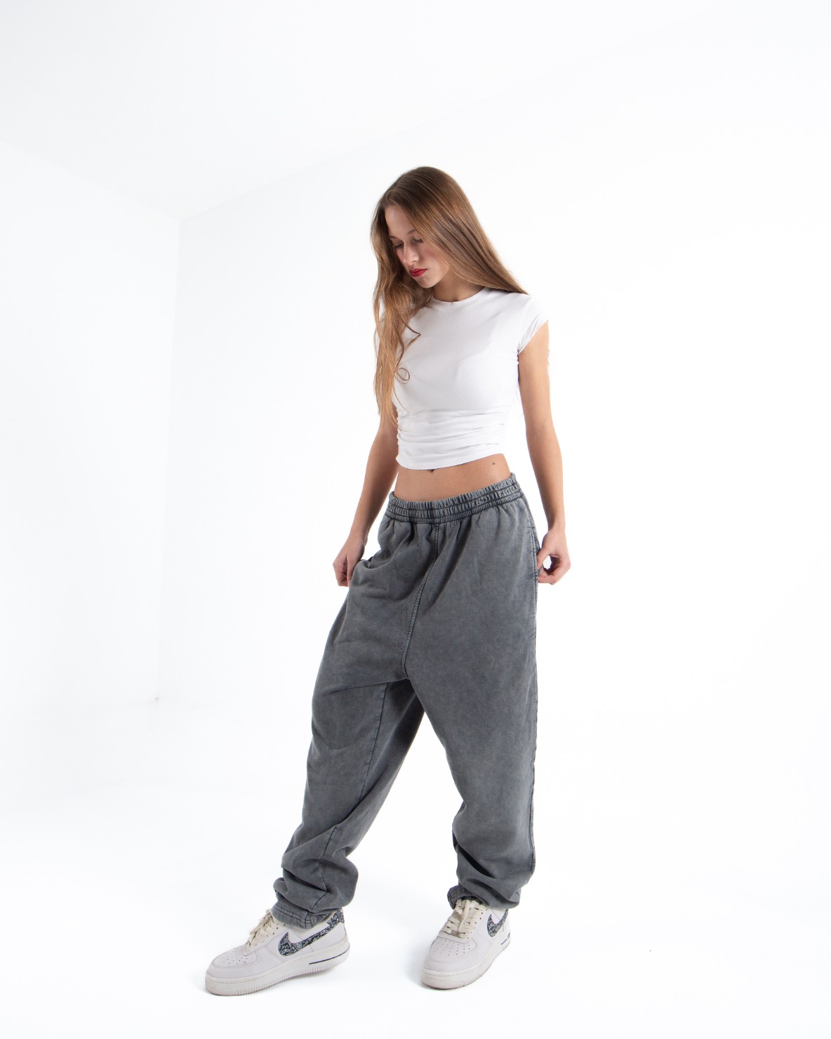 Kadın Antrasit Acid Wash Oversize Eşofman Altı